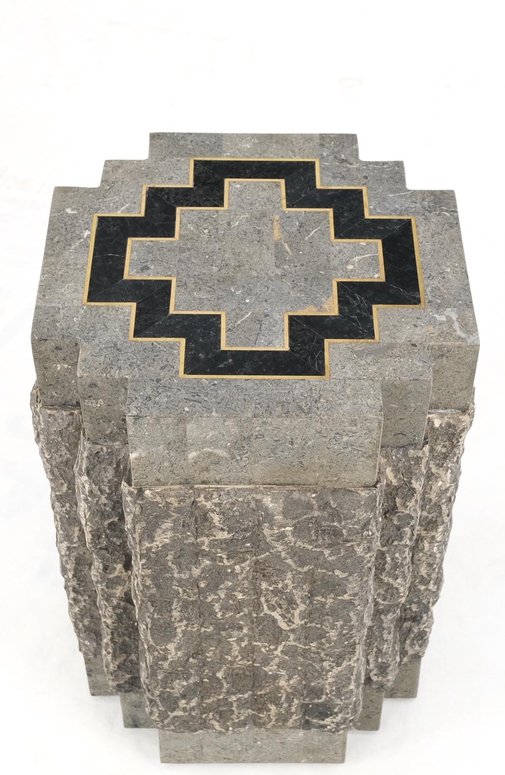 Mid-Century Modern Tessellated Stone Brass Inlay Square Pedestal Stand End Table Black & Grey Mint For Sale