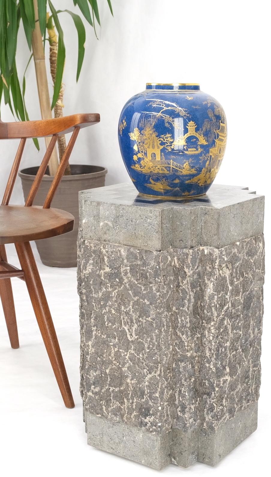 Unknown Tessellated Stone Brass Inlay Square Pedestal Stand End Table Black & Grey Mint For Sale