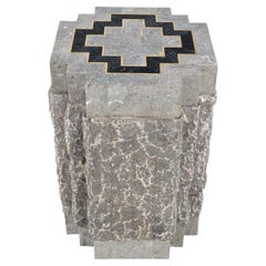 Tessellated Stone Brass Inlay Square Pedestal Stand End Table Black & Grey Mint