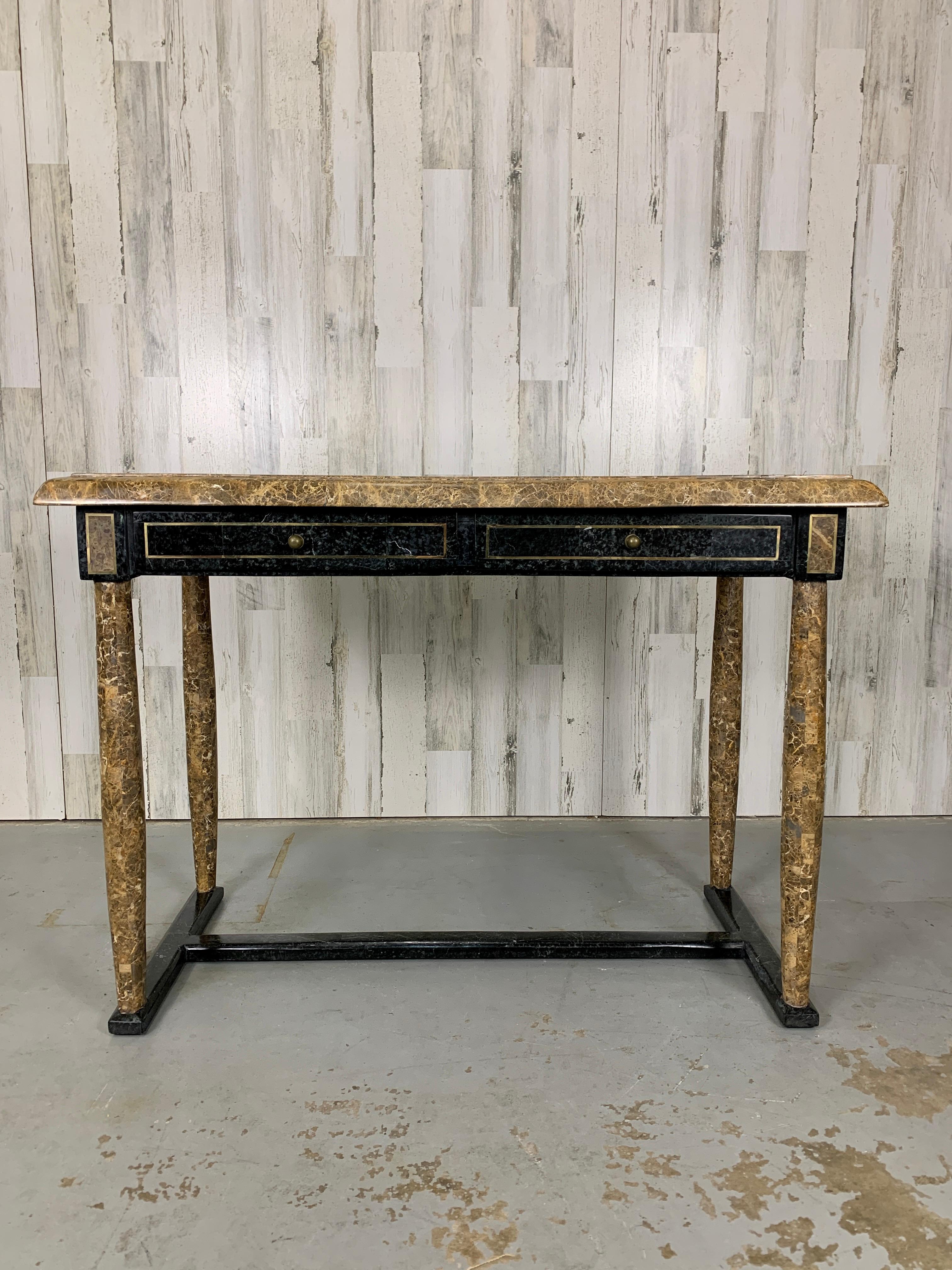 Two tone Tessellated stone Console / Desk with two drawers and finished on all sides so it can be floated in a room.