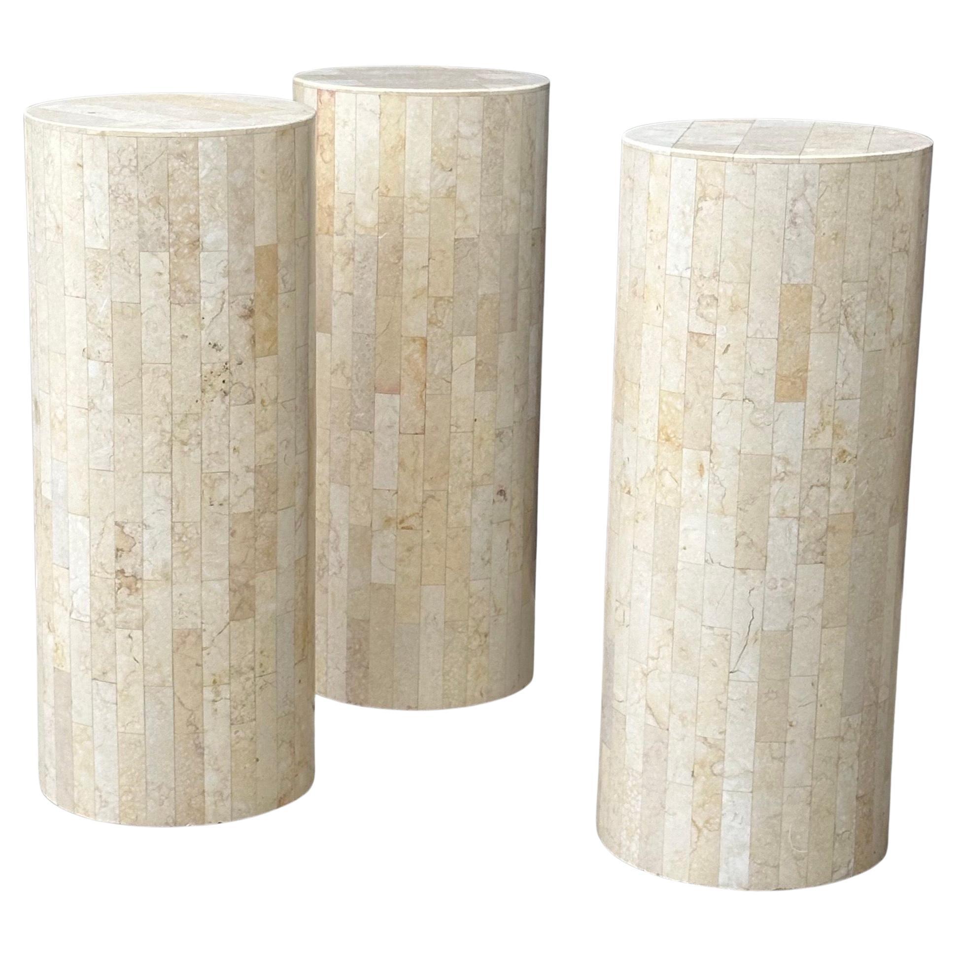 A very nice tessellated stone round drum side table in the style of Marquis of Beverly Hills, circa 1980s. There are three tables available and each one measures 10