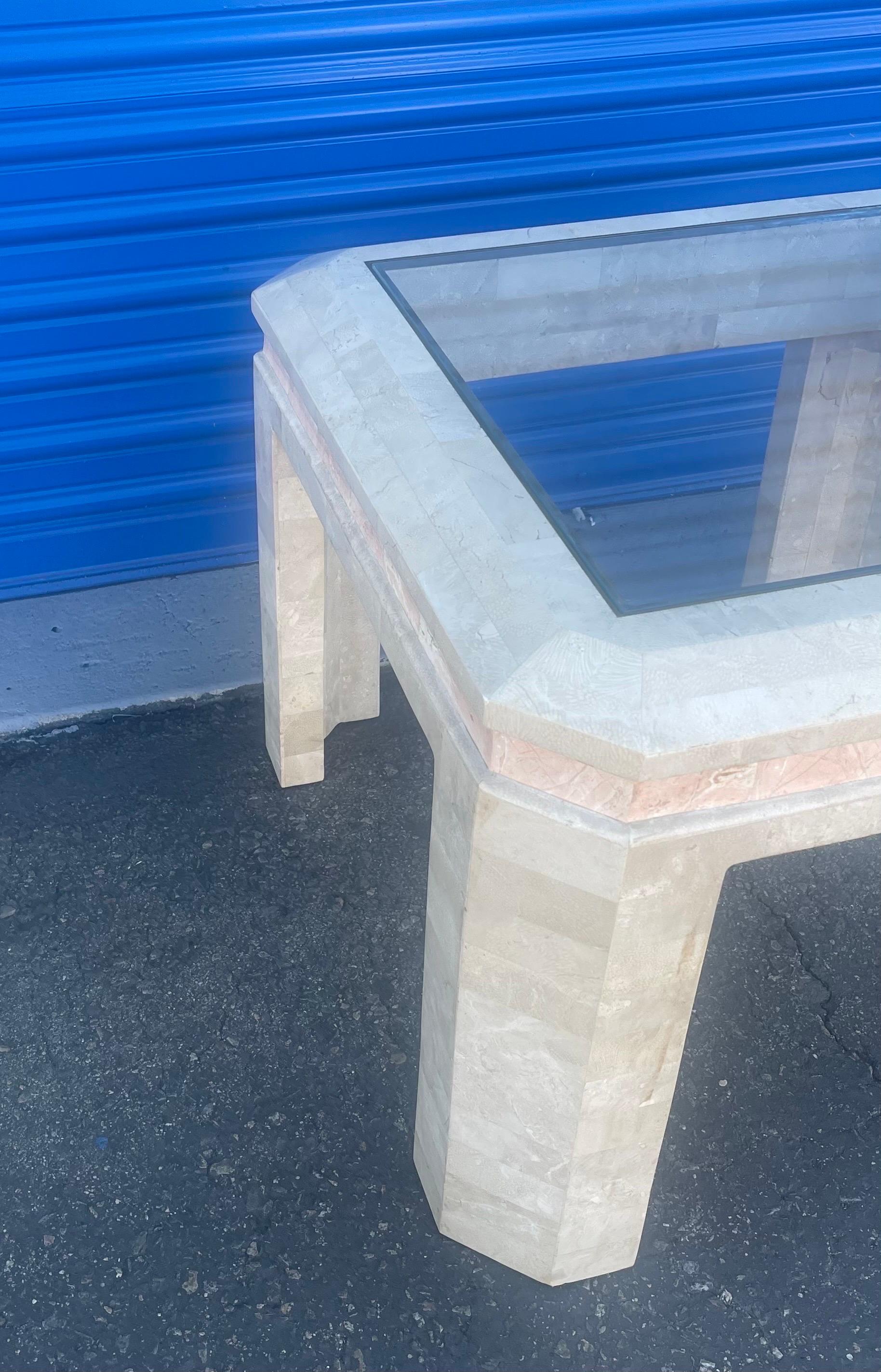 Tessellated Stone Glass Top Side / End Table in the Style of Maitland Smith For Sale 5