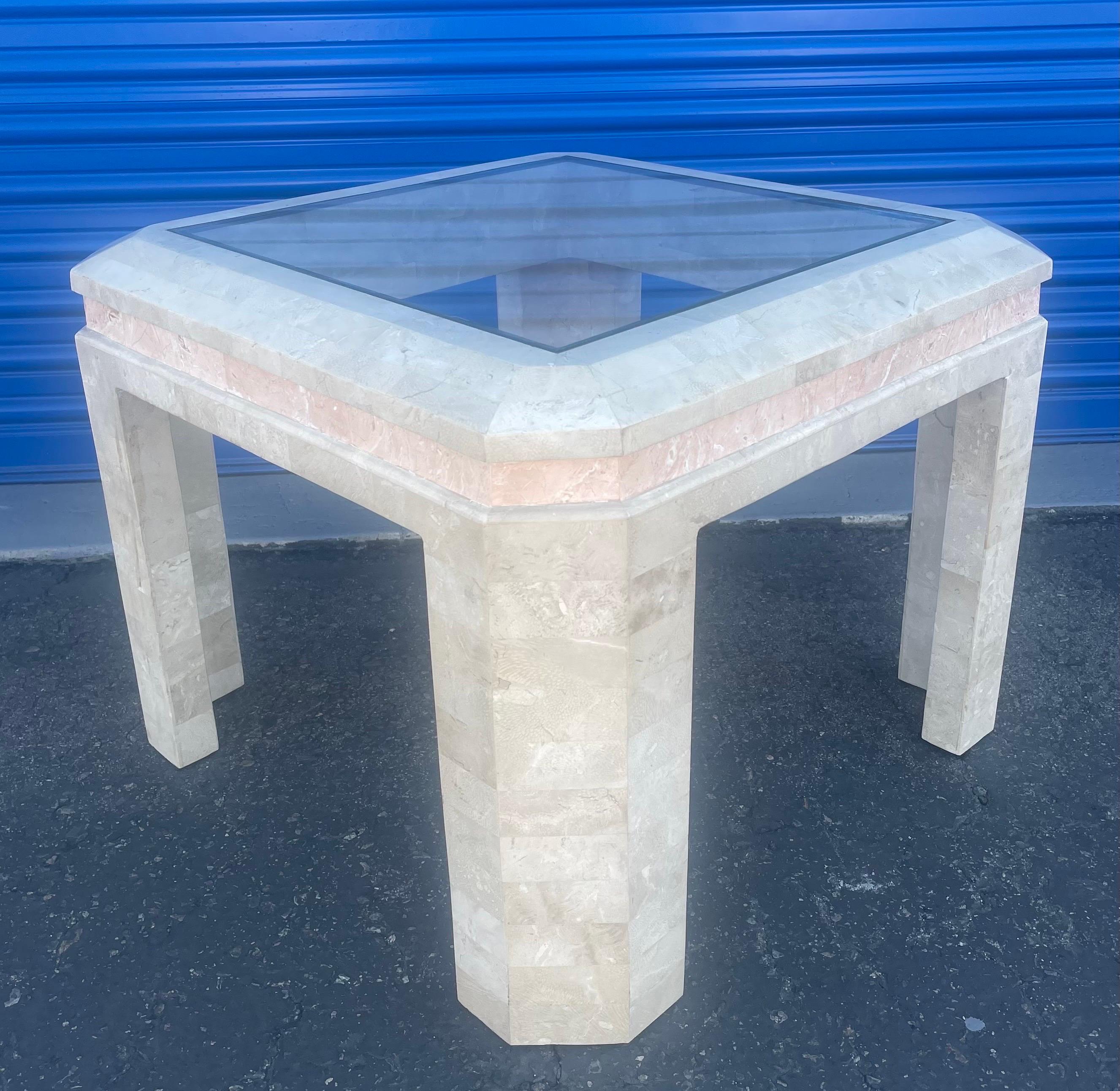 Tessellated Stone Glass Top Side / End Table in the Style of Maitland Smith For Sale 8