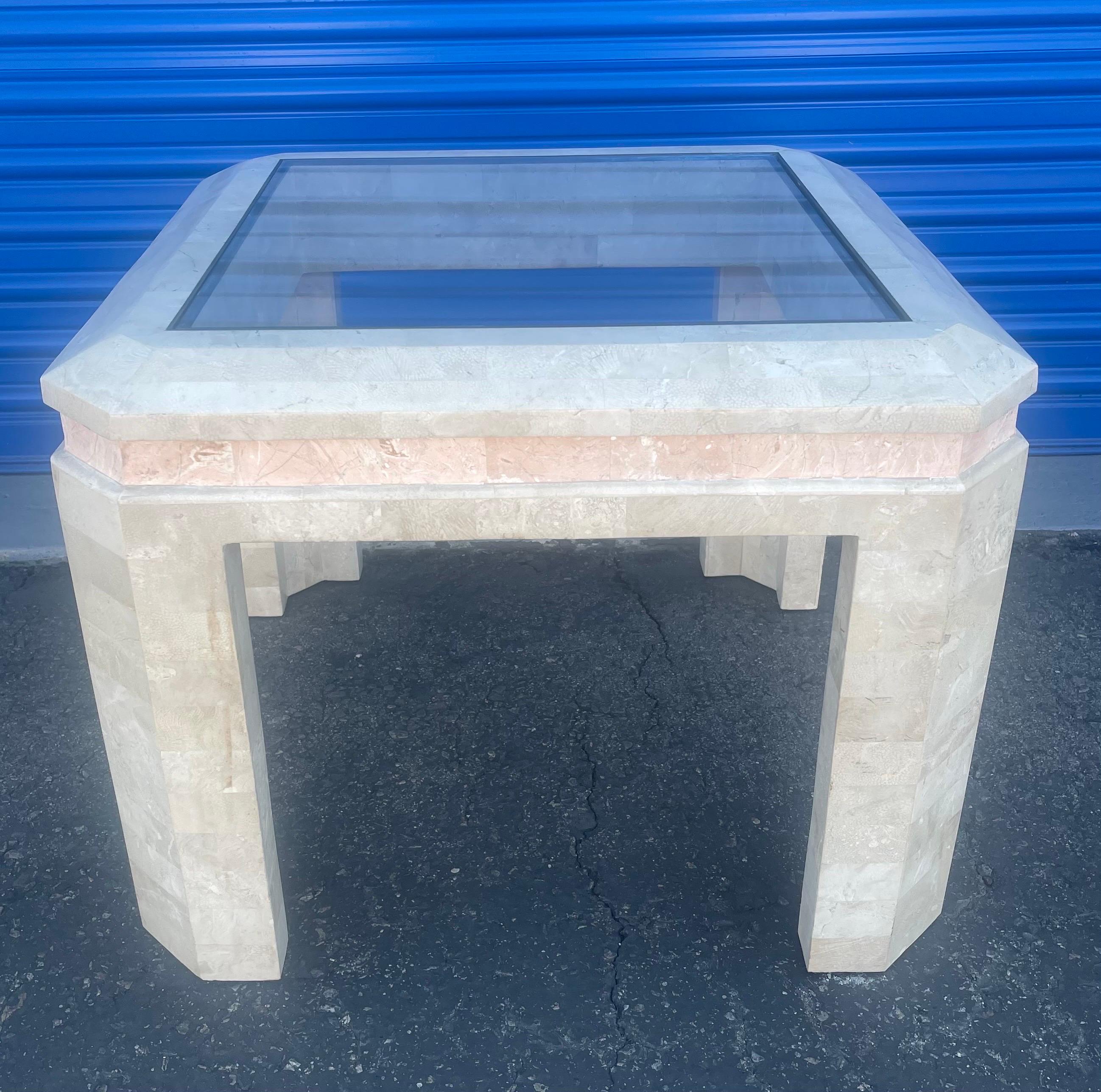20th Century Tessellated Stone Glass Top Side / End Table in the Style of Maitland Smith For Sale
