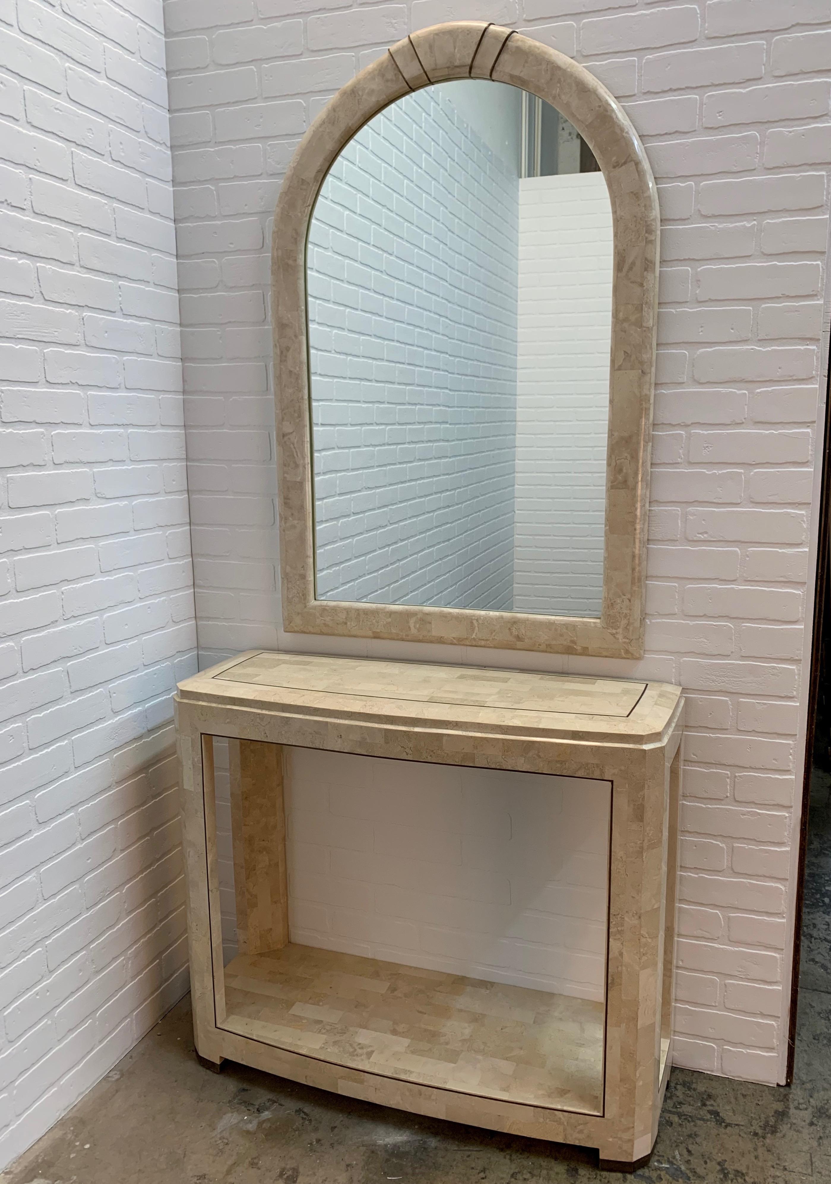 Brass Tessellated Stone Mirror and Console