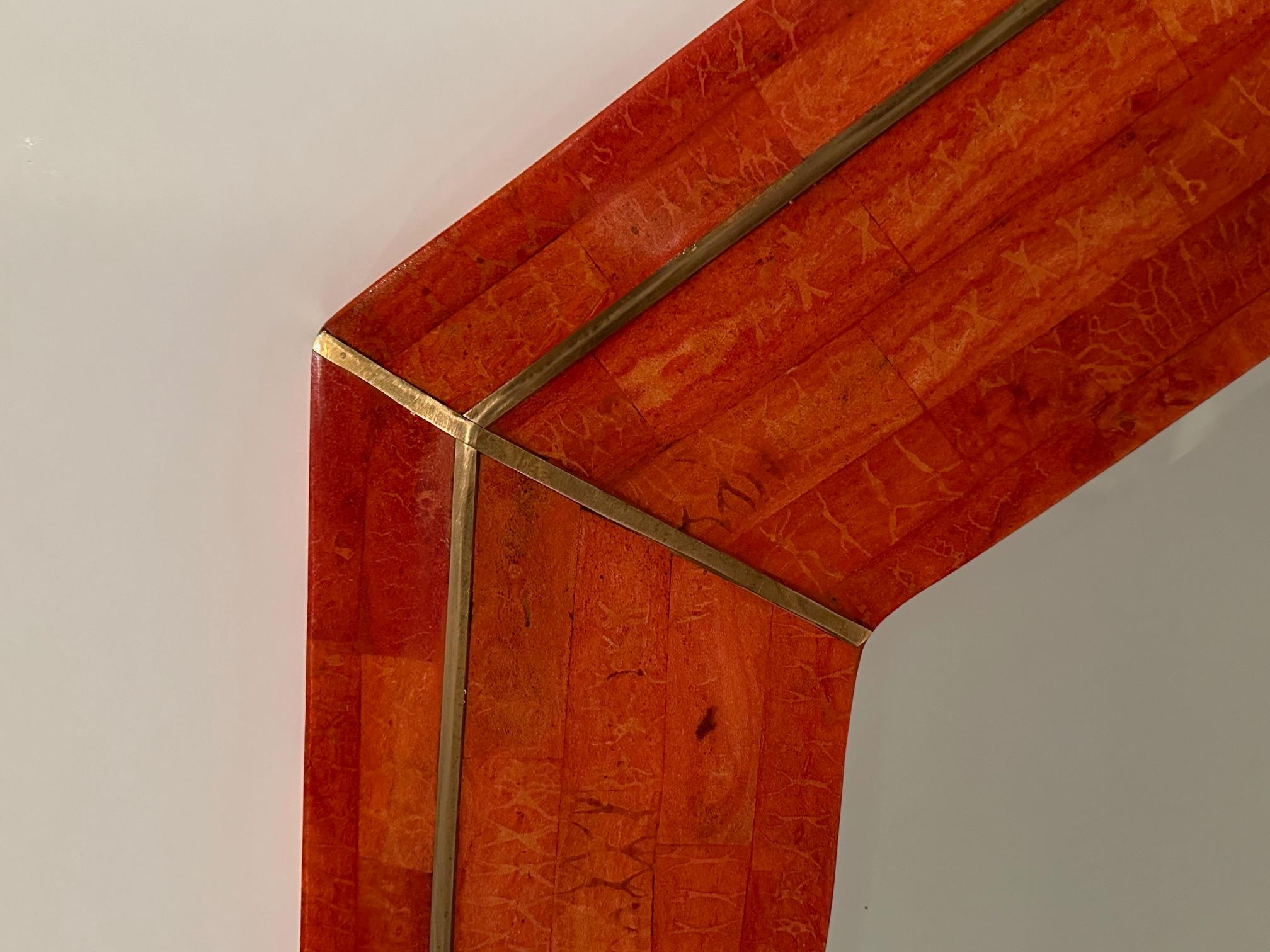 Mid-Century Modern Tessellated Stone Mirror with Brass Inlay
