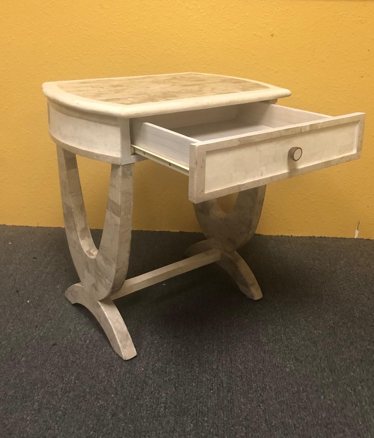 A very nice tessellated stone Postmodern single drawer side table or nightstand in the style of Marquis of Beverly Hills, circa 1990s. Great look and functionality on this piece that measures 21.25