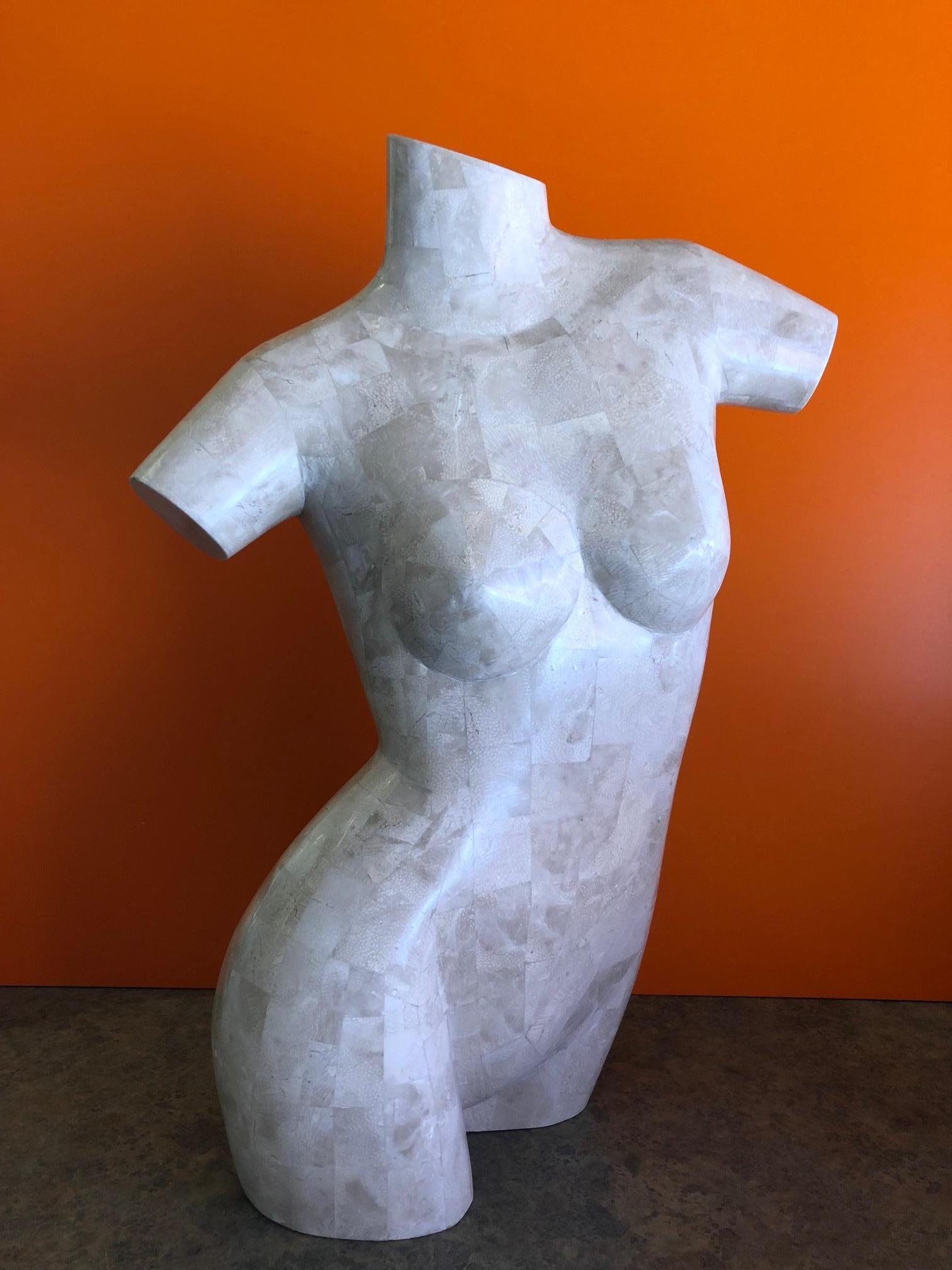 A very nice tessellated stone nude woman torso sculpture by Marquis of Beverly Hills, circa 1980s. The piece is very stylish and unique decorative sculpture.
