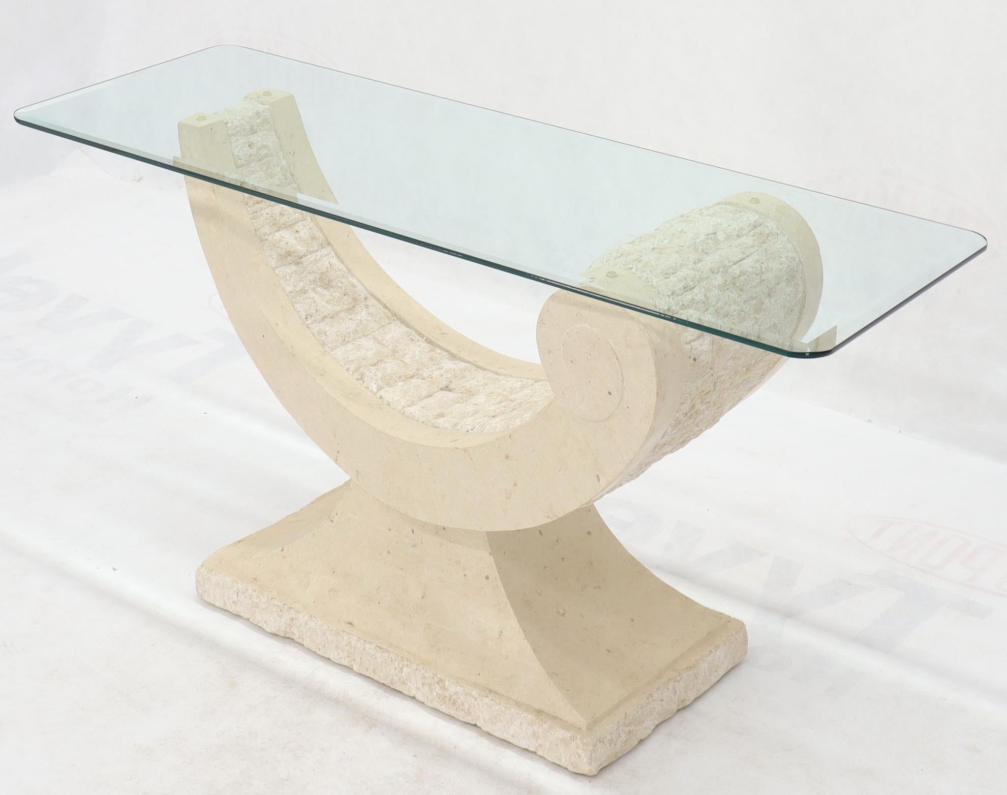 Decorative tessellated stone base glass top console sofa table.
  