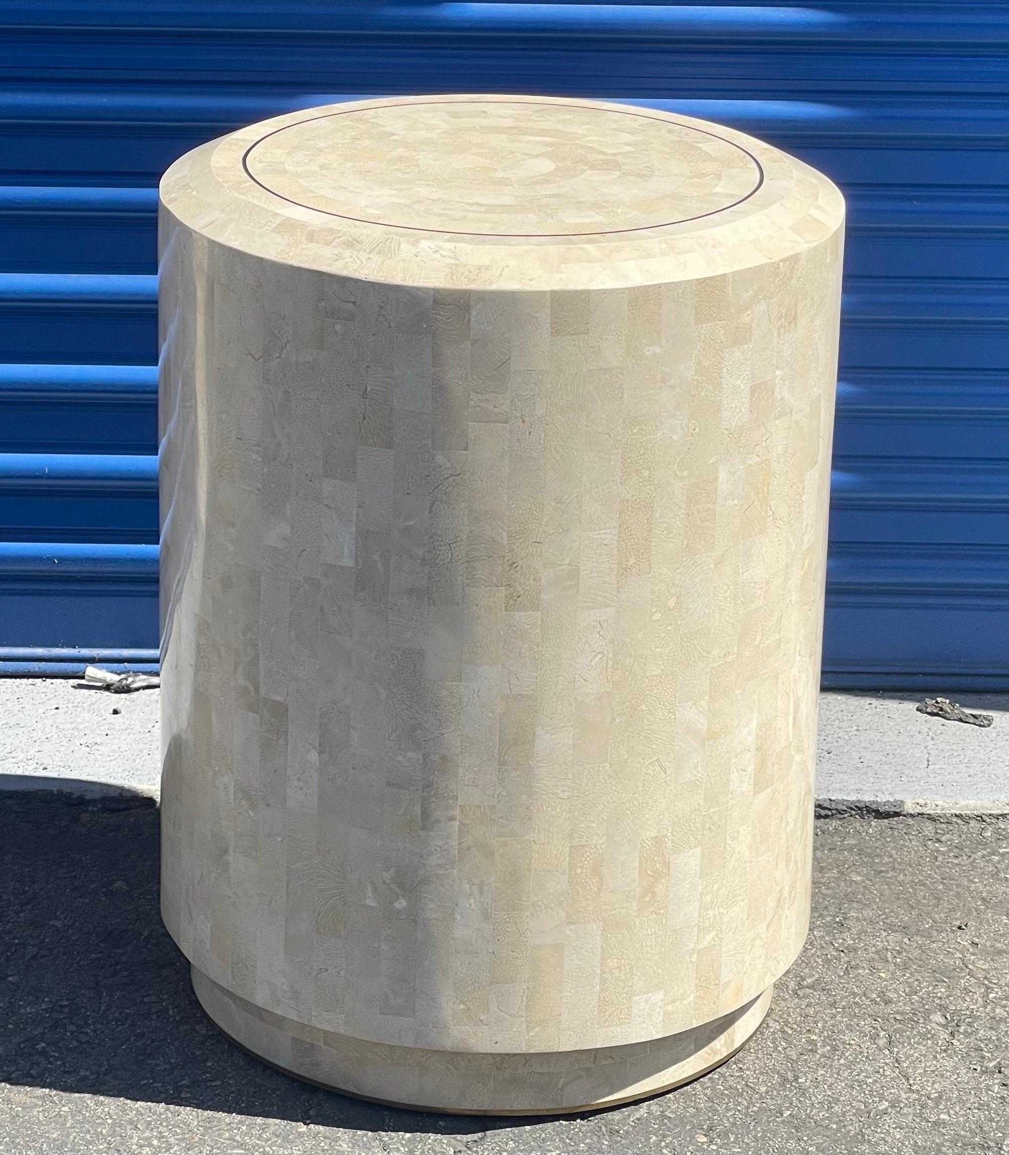 Tessellated stone pedestal / side table with brass accents by Maitland Smith, circa 1970s. Gorgeous piece in great condition that measures 19.5