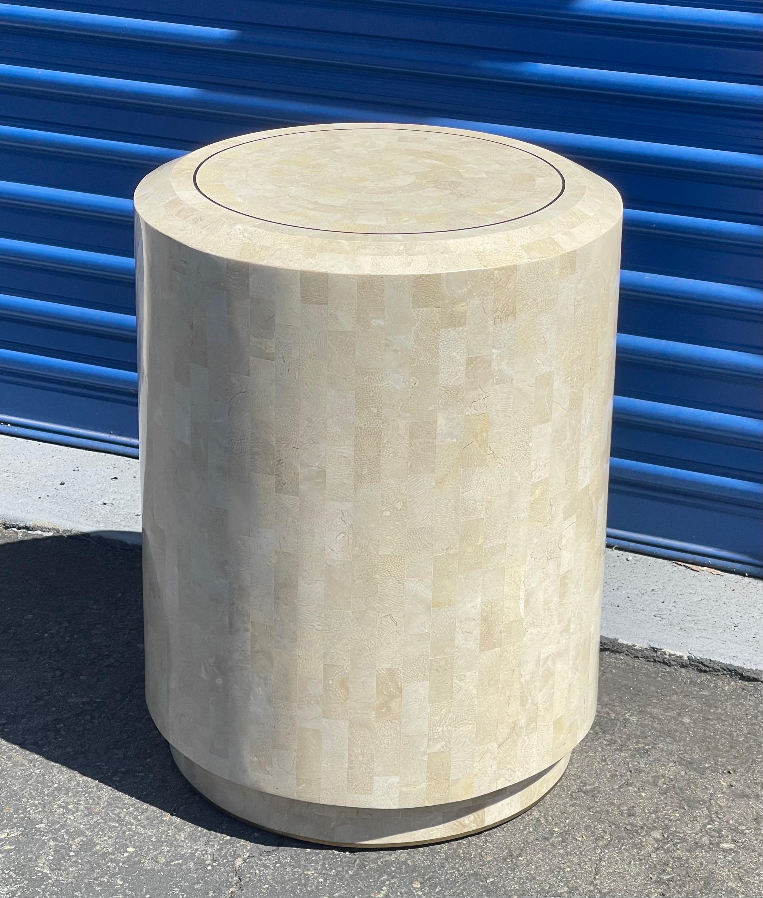 Philippine Tessellated Stone Pedestal / Side Table with Brass Accents by Maitland Smith For Sale