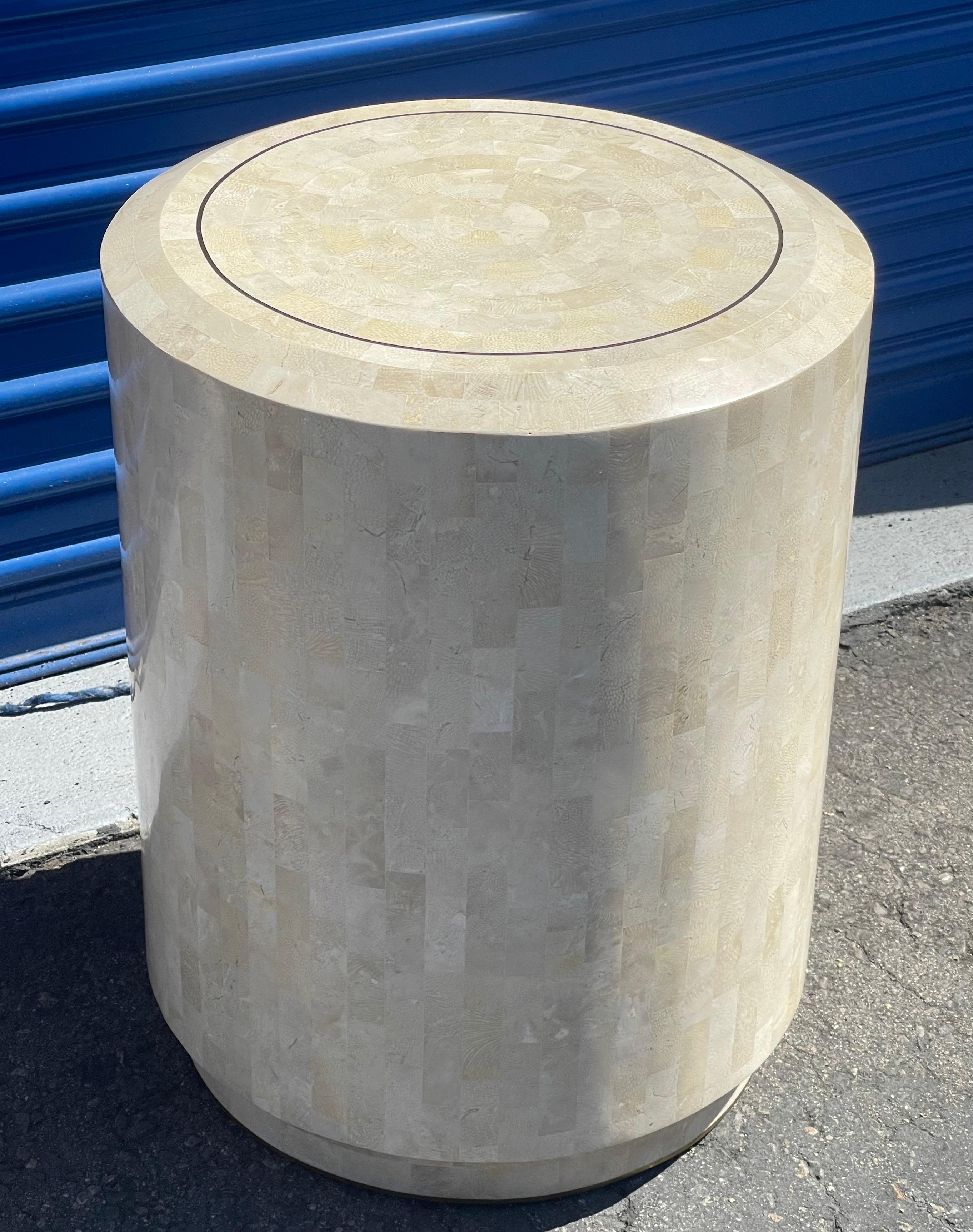 Tessellated Stone Pedestal / Side Table with Brass Accents by Maitland Smith For Sale 1