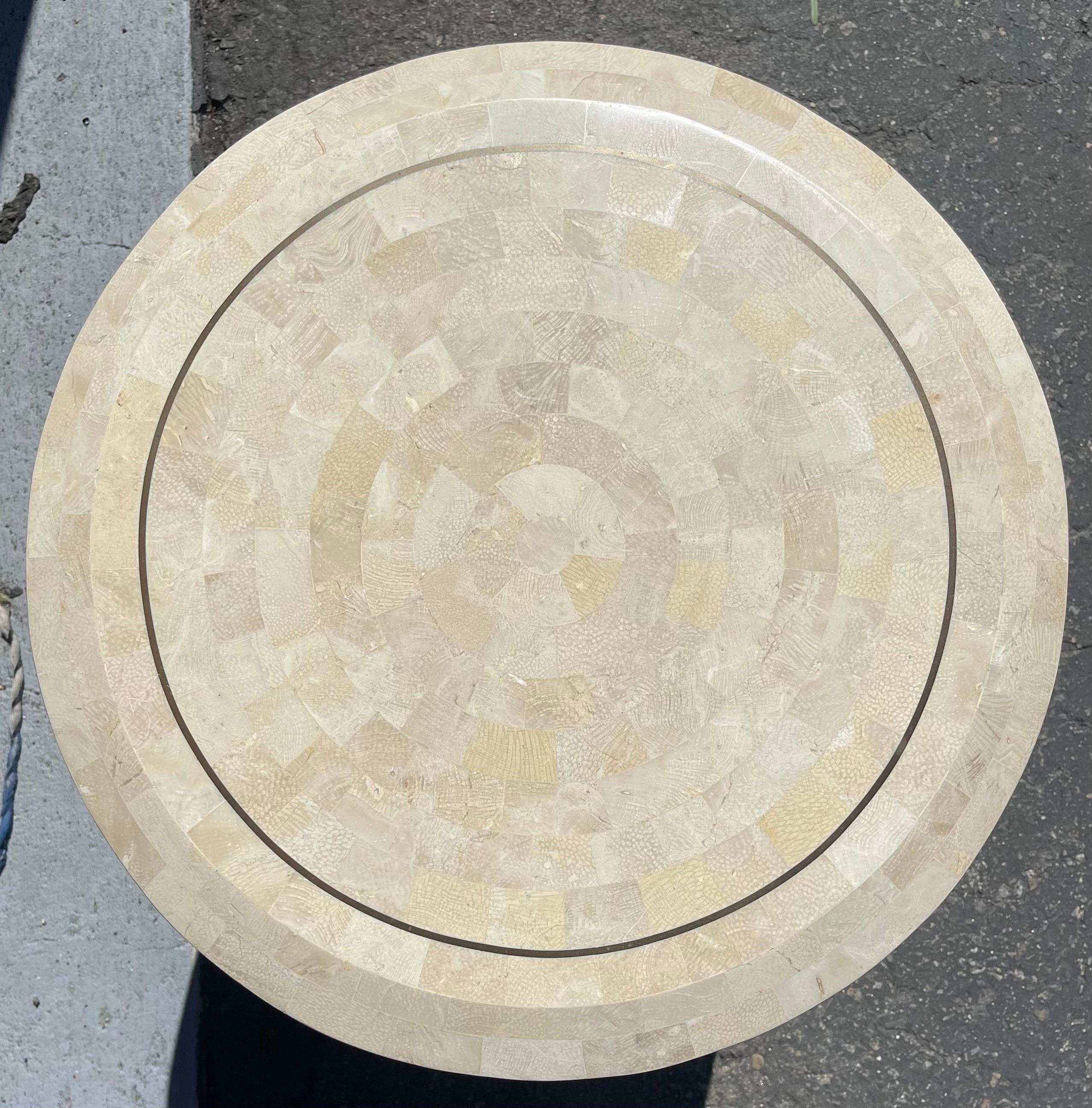 Tessellated Stone Pedestal / Side Table with Brass Accents by Maitland Smith For Sale 2