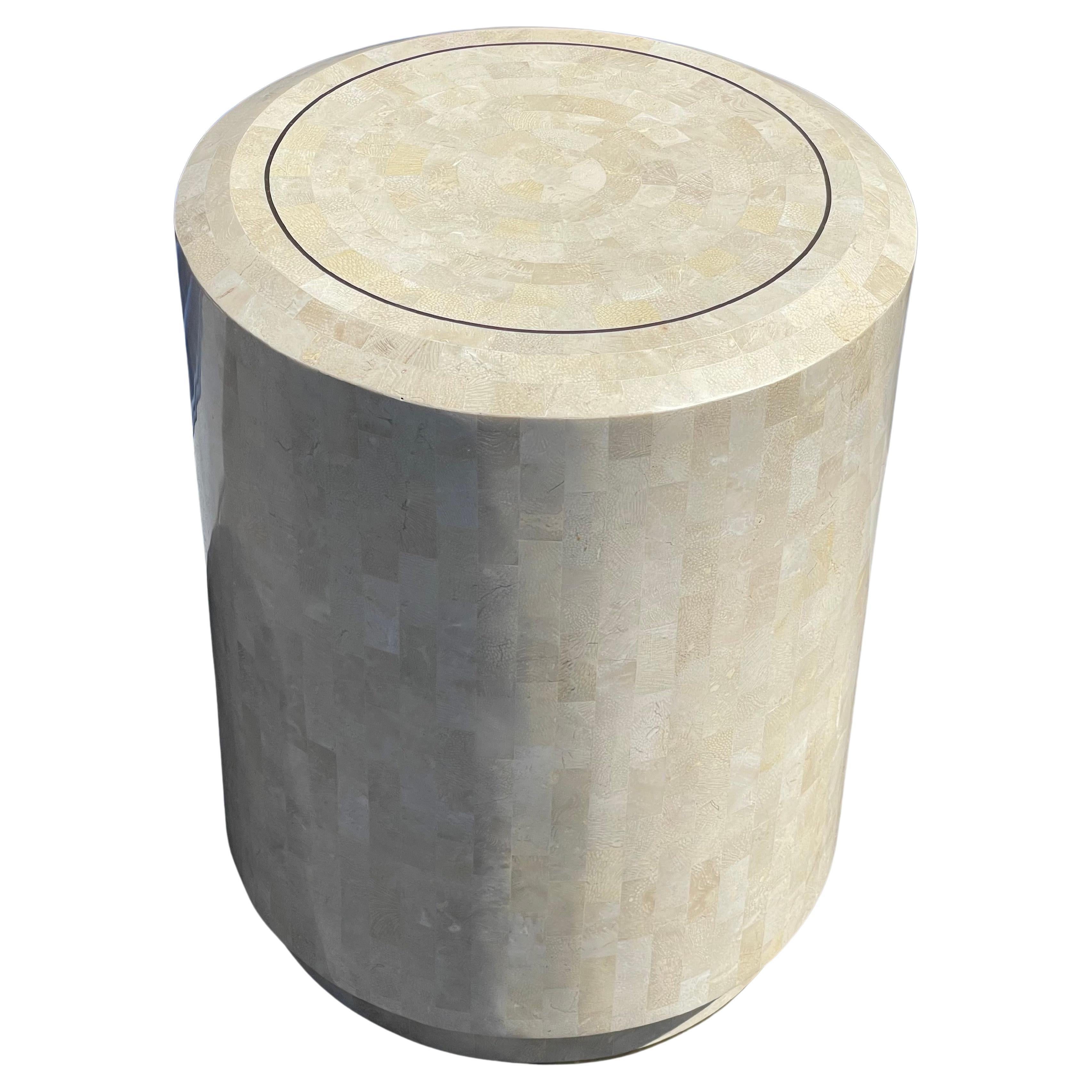 Tessellated Stone Pedestal / Side Table with Brass Accents by Maitland Smith
