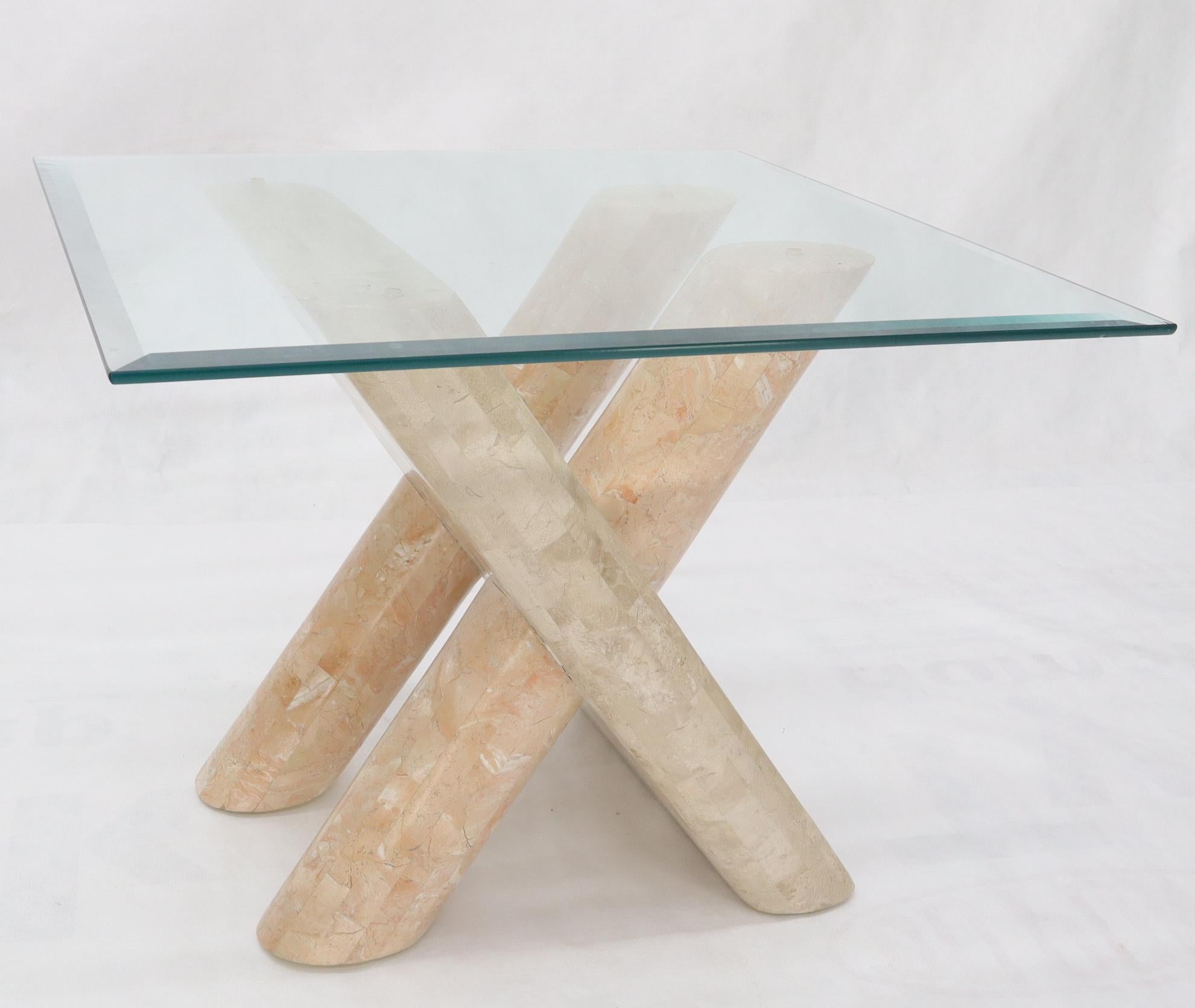 Tessellated Stone Rounded X-Shape Base Side Occasional Square Glass Top Table For Sale 2