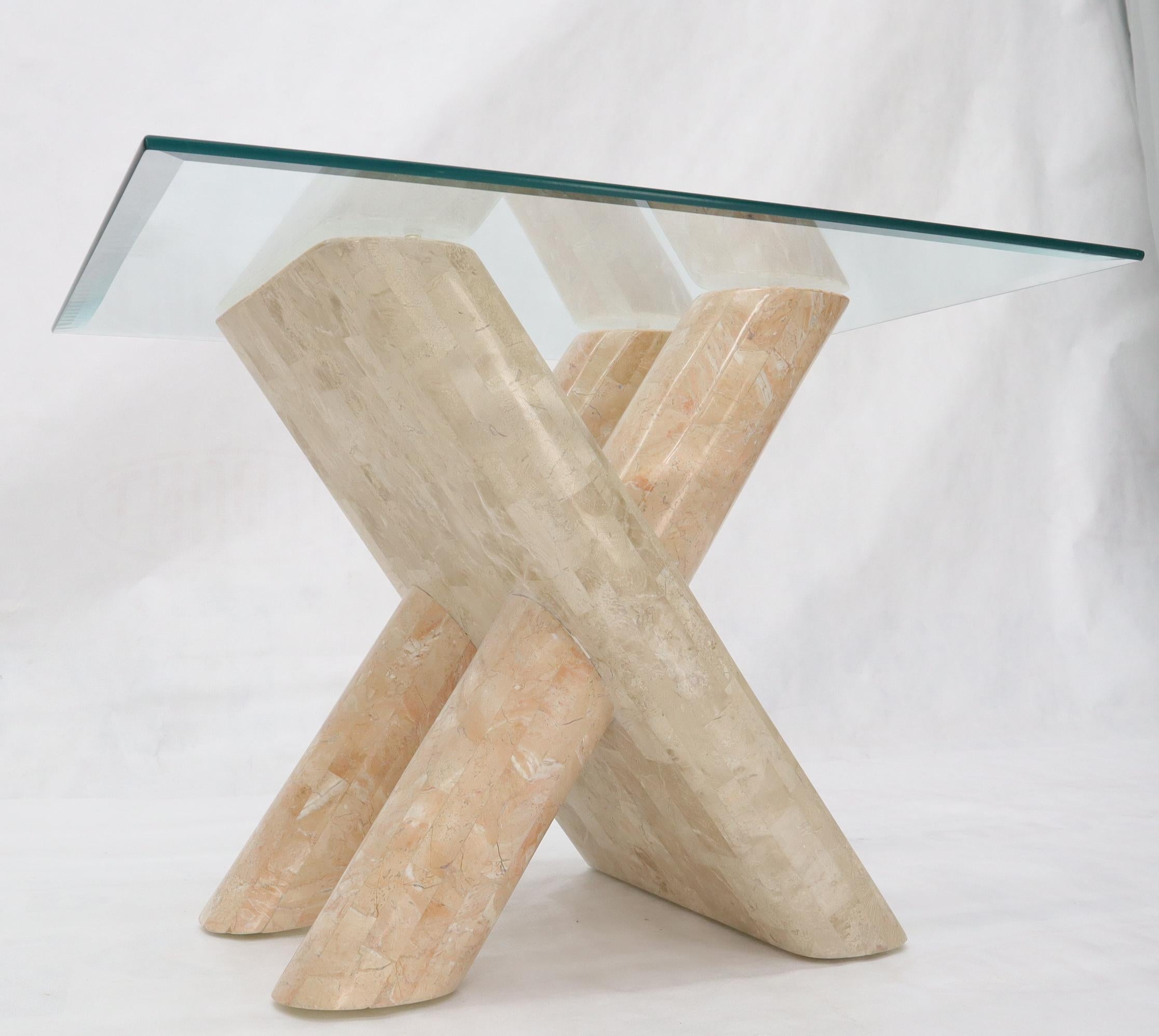 Tessellated Stone Rounded X-Shape Base Side Occasional Square Glass Top Table For Sale 3