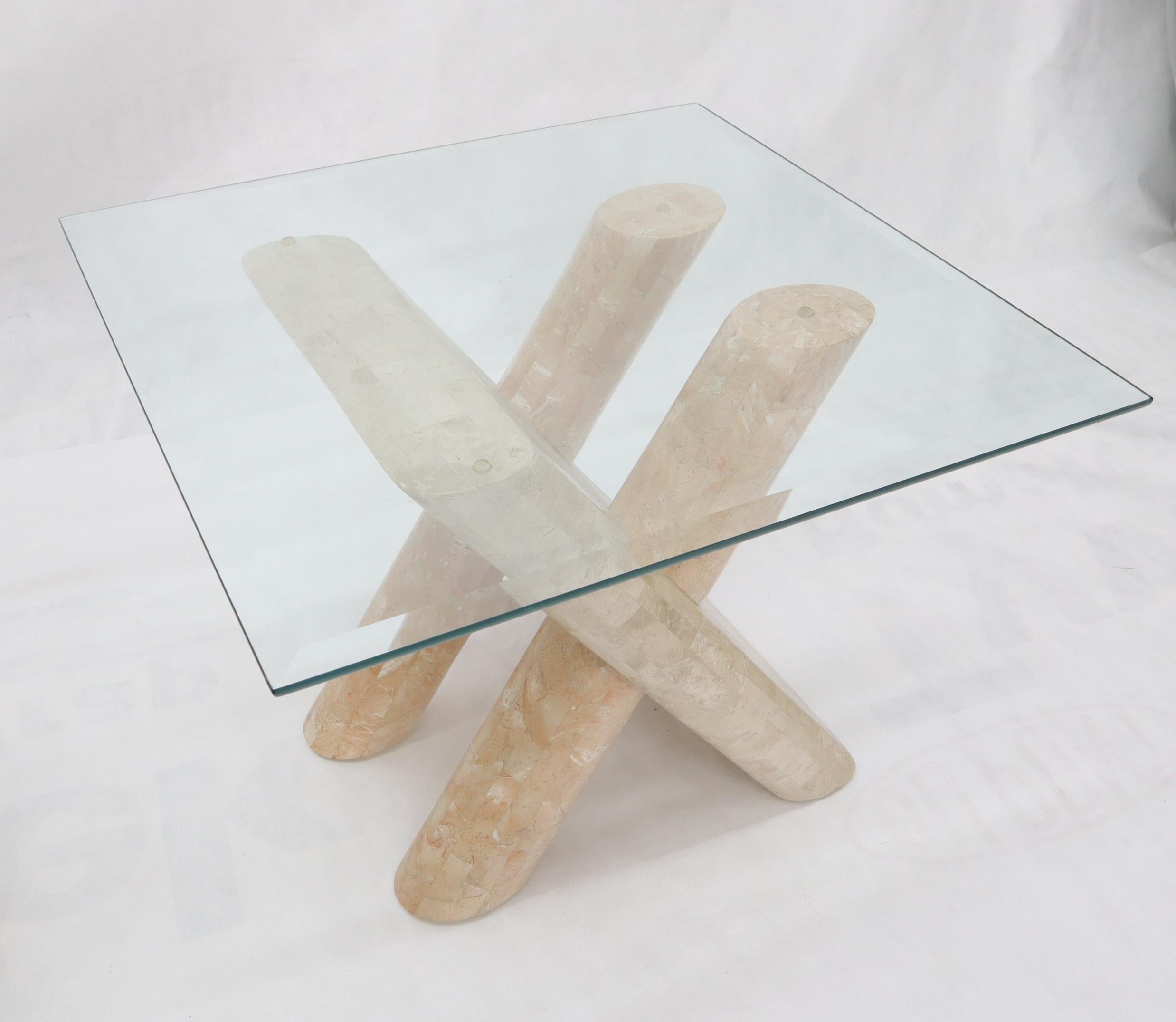 Philippine Tessellated Stone Rounded X-Shape Base Side Occasional Square Glass Top Table For Sale