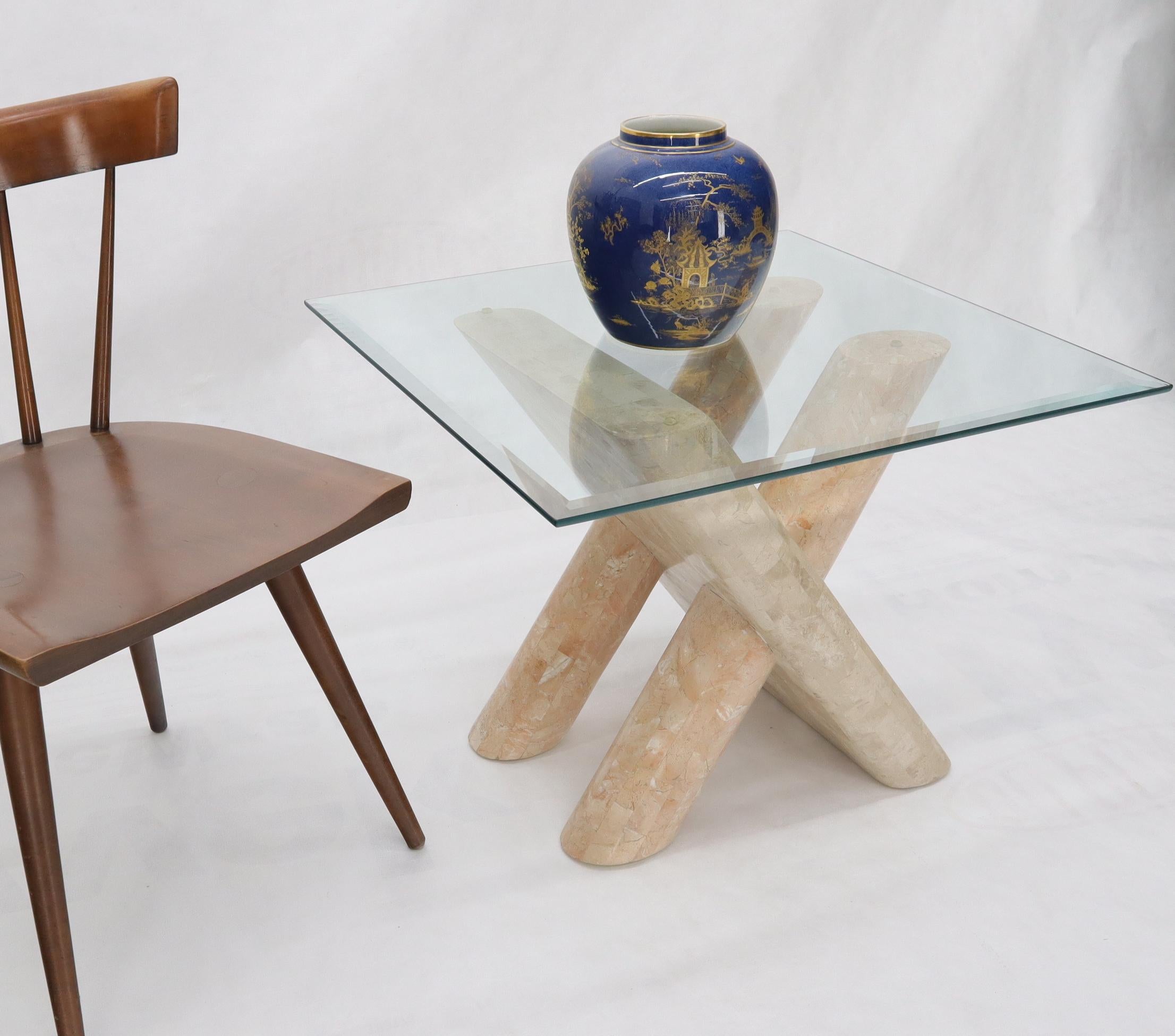 Polished Tessellated Stone Rounded X-Shape Base Side Occasional Square Glass Top Table For Sale