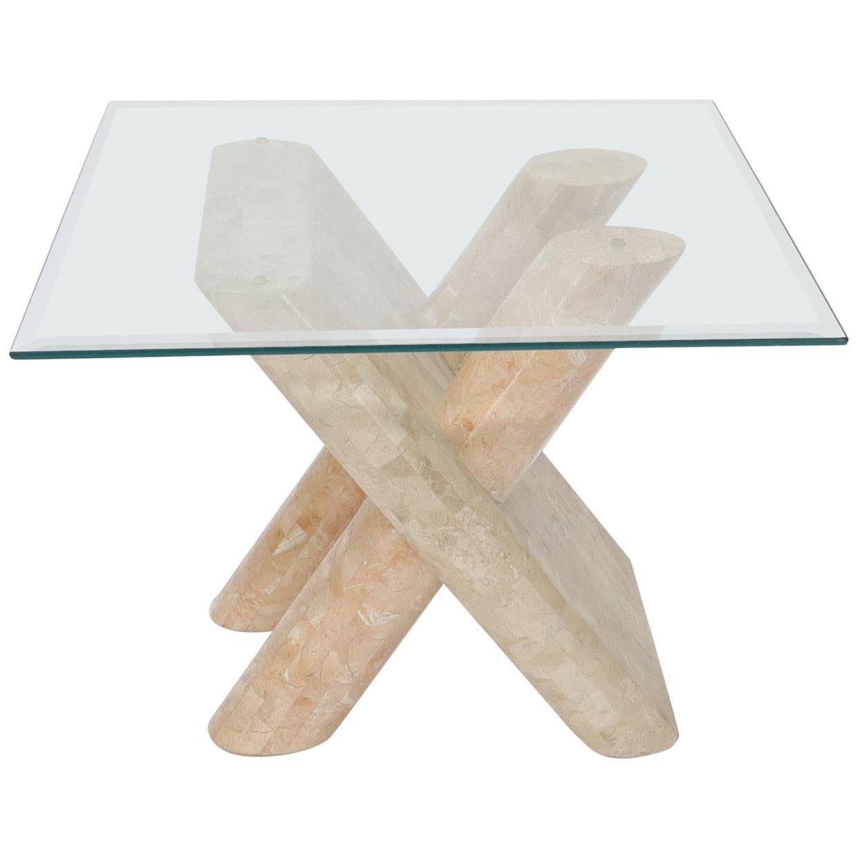 Tessellated Stone Rounded X-Shape Base Side Occasional Square Glass Top Table For Sale