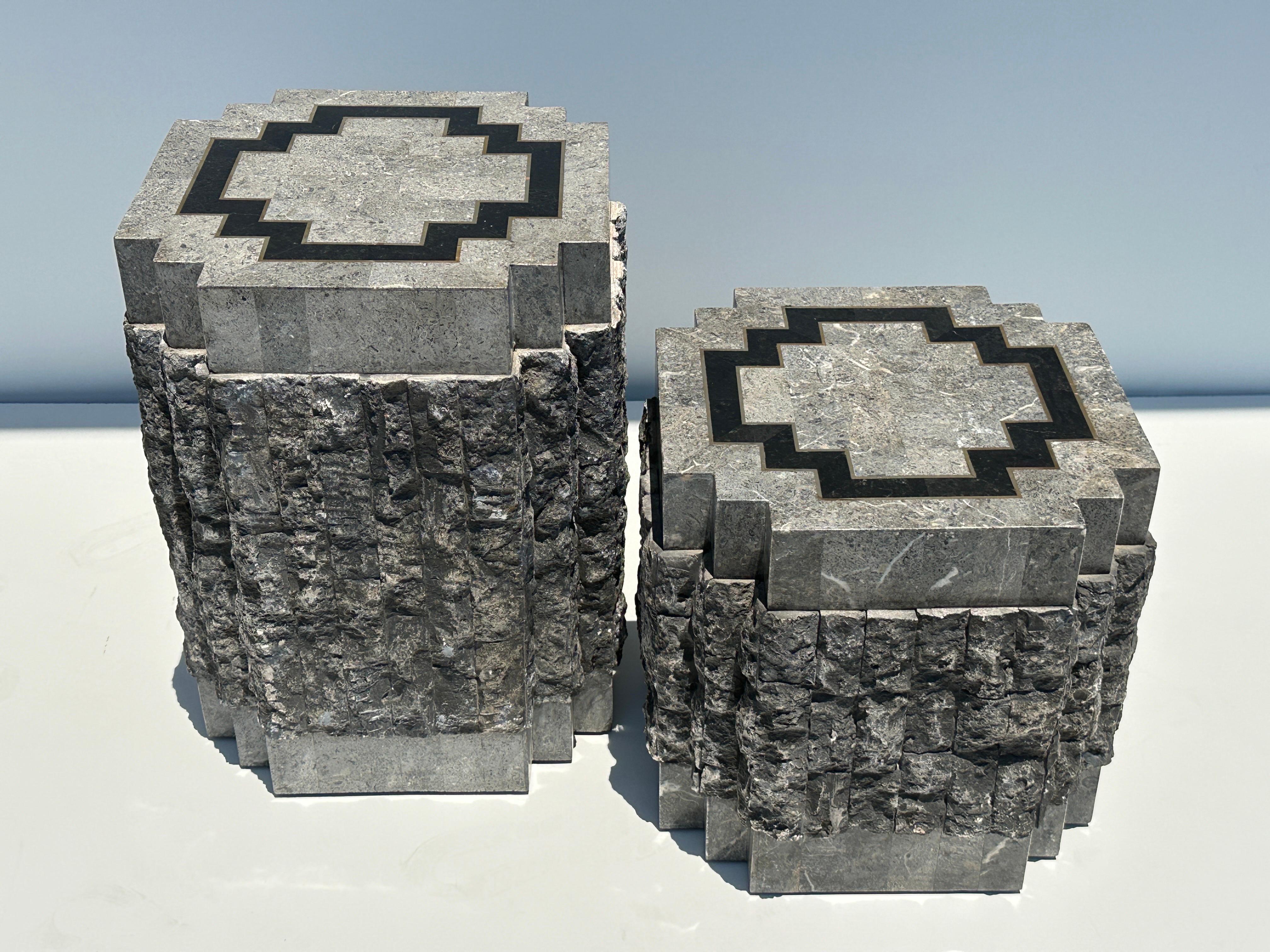 Tessellated Stone Side Tables with Brass trim For Sale 7