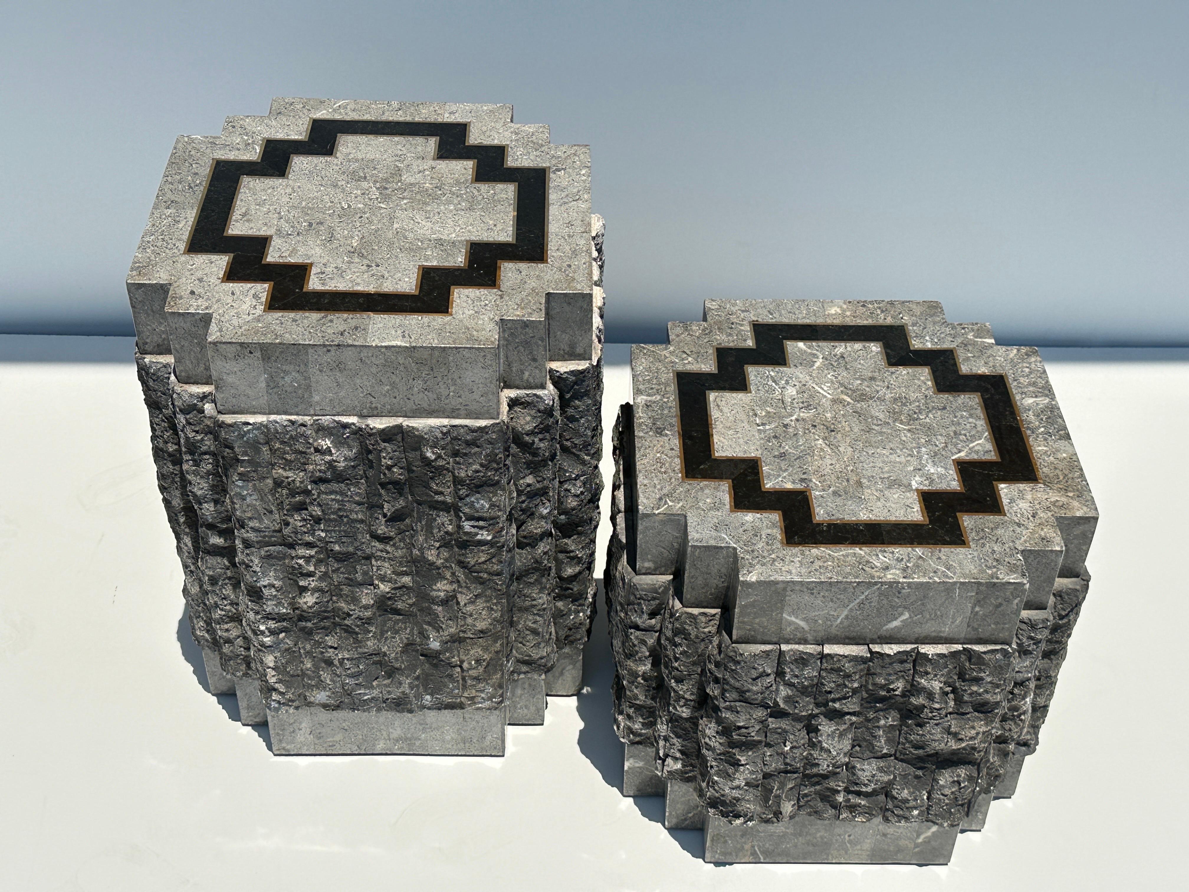 Tessellated Stone Side Tables with Brass trim For Sale 8