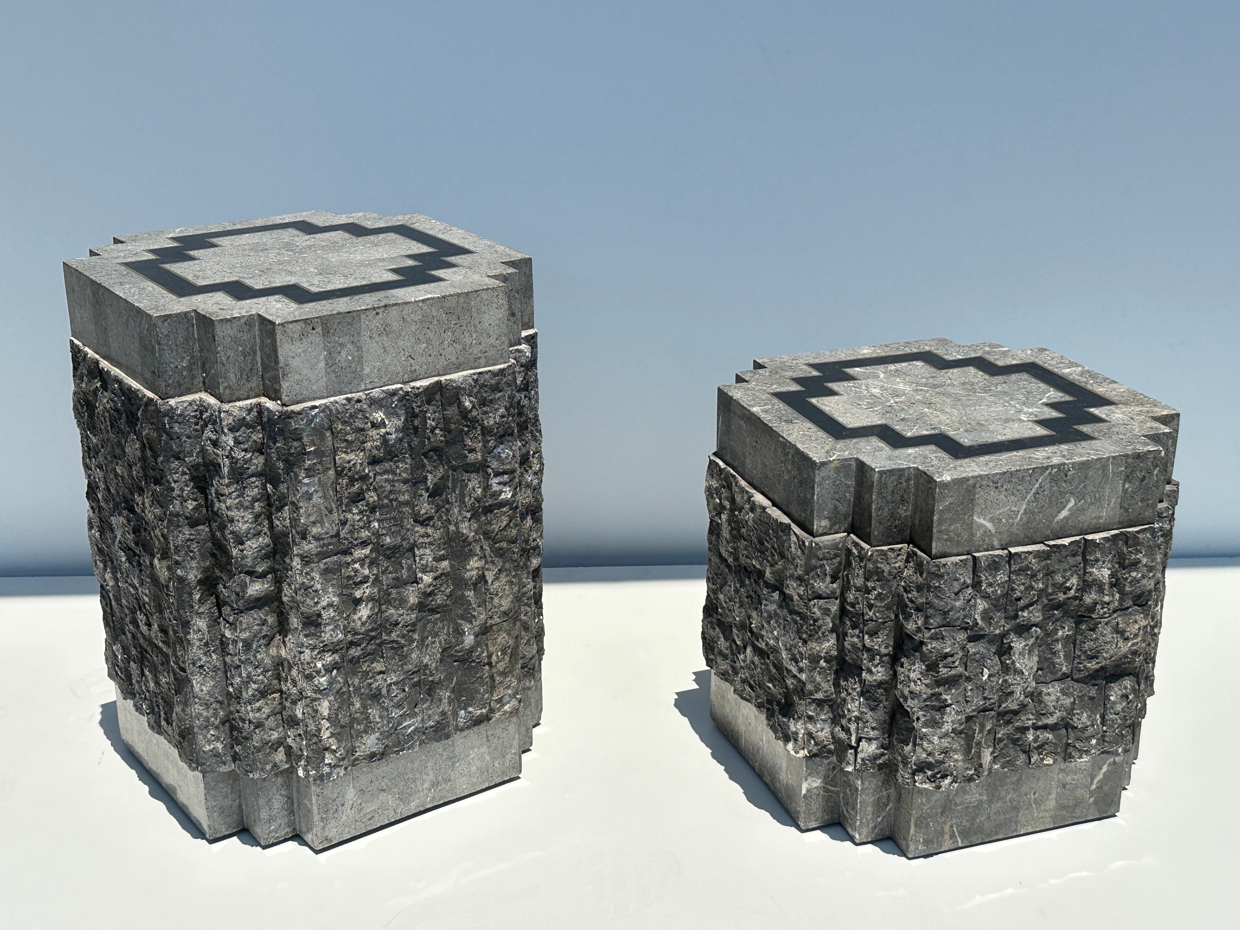 Tessellated Stone Side Tables with Brass trim For Sale 11
