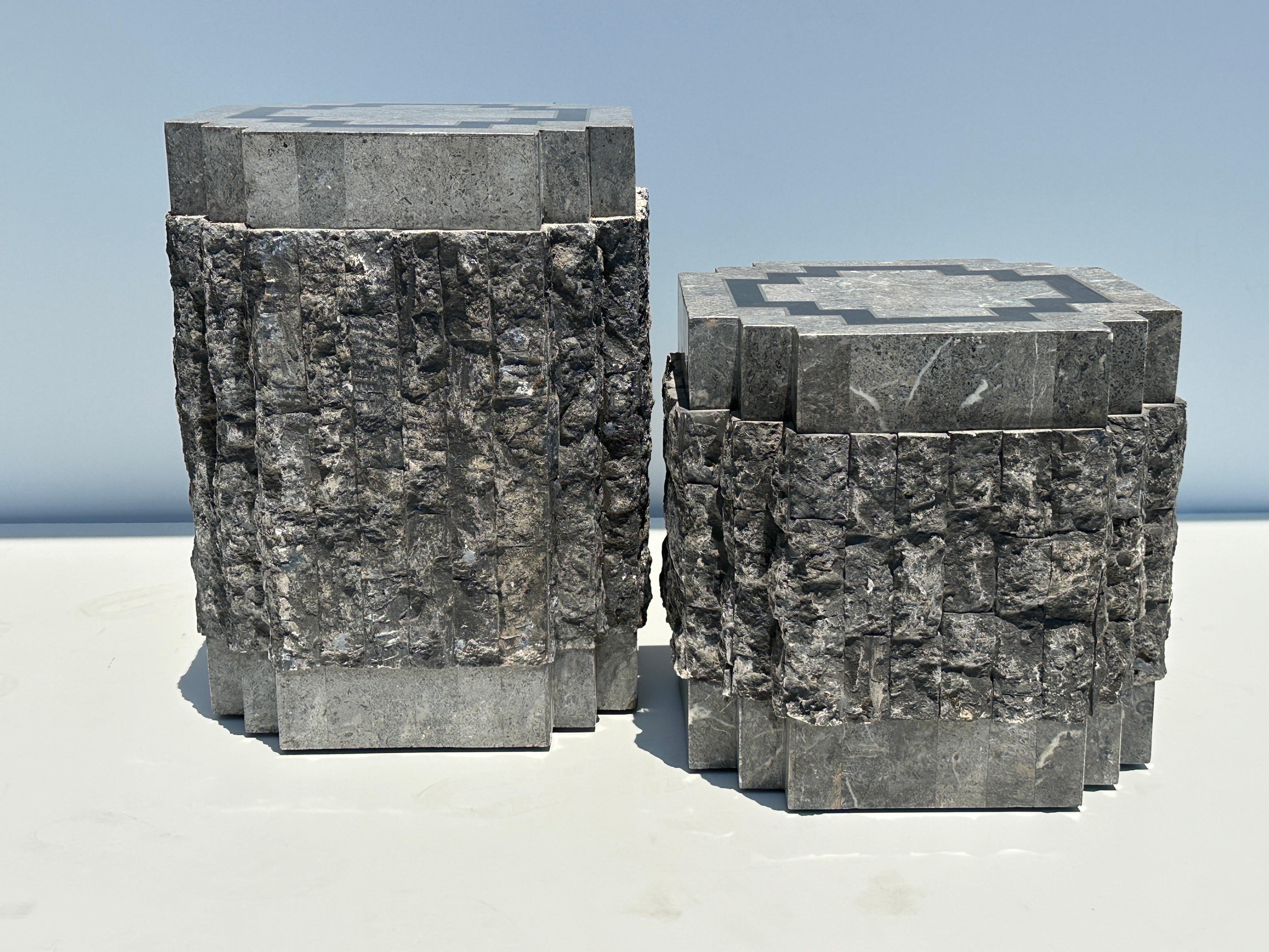 Tessellated Stone Side Tables with Brass trim For Sale 12