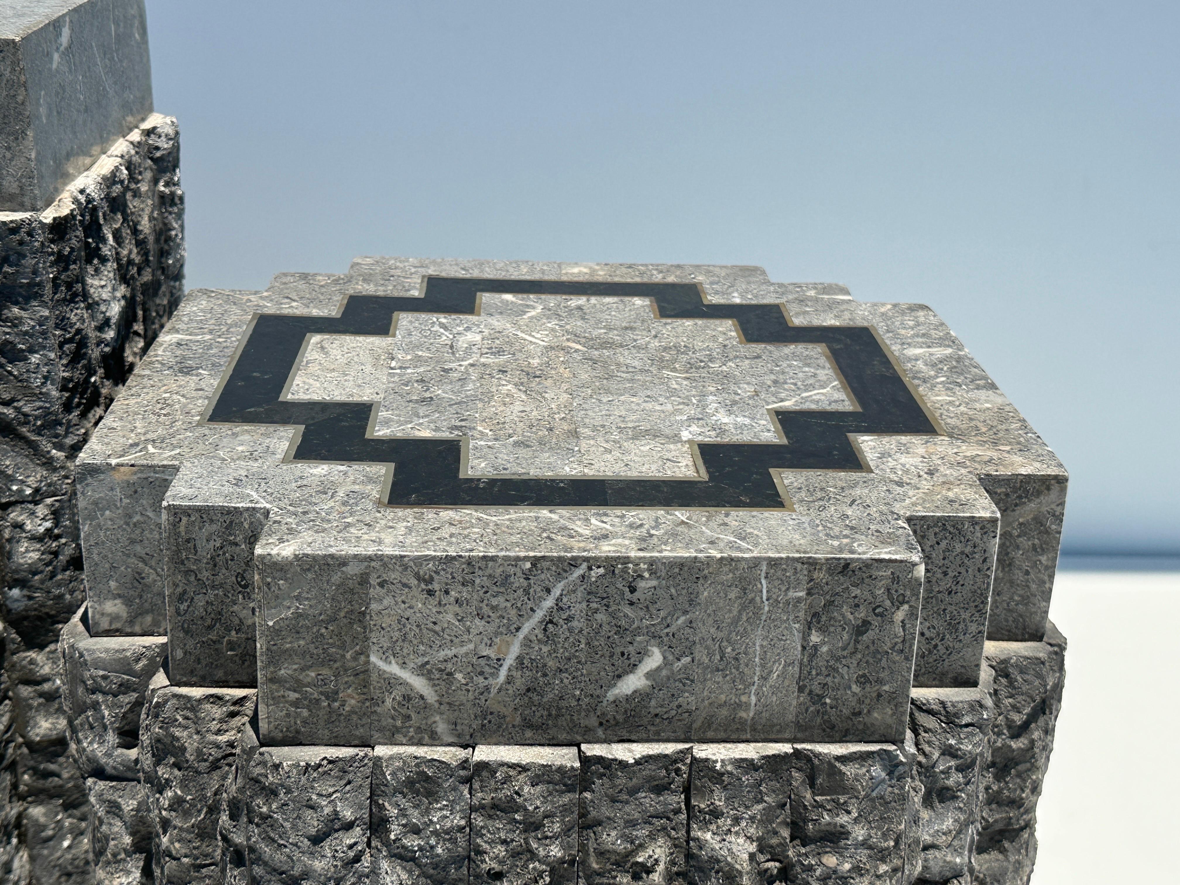 Tessellated Stone Side Tables with Brass trim For Sale 13