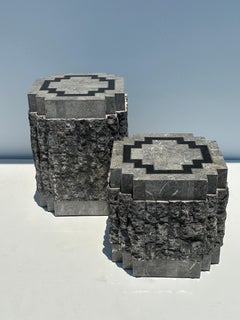 Tessellated Stone Side Tables with Brass trim