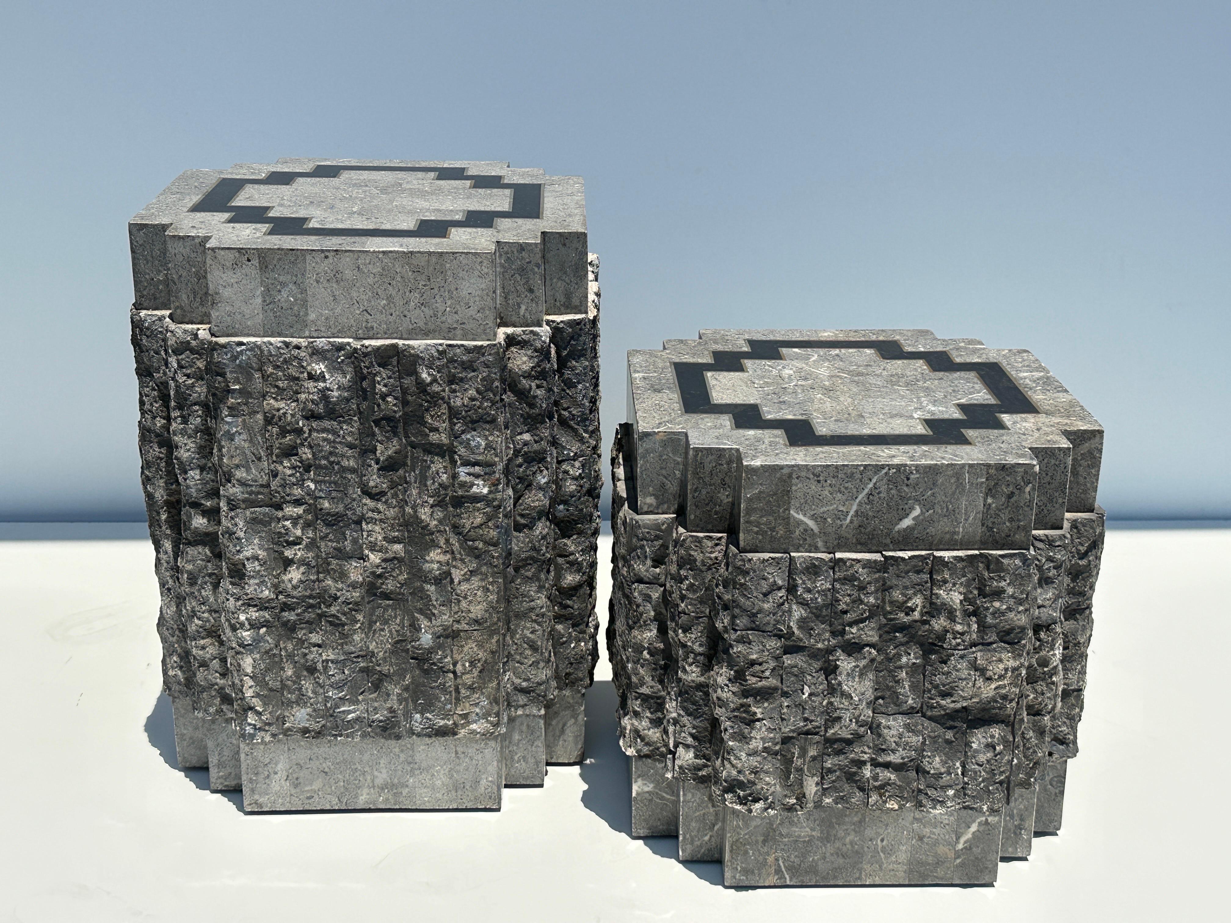 Tessellated Stone Side Tables with Brass trim For Sale 22