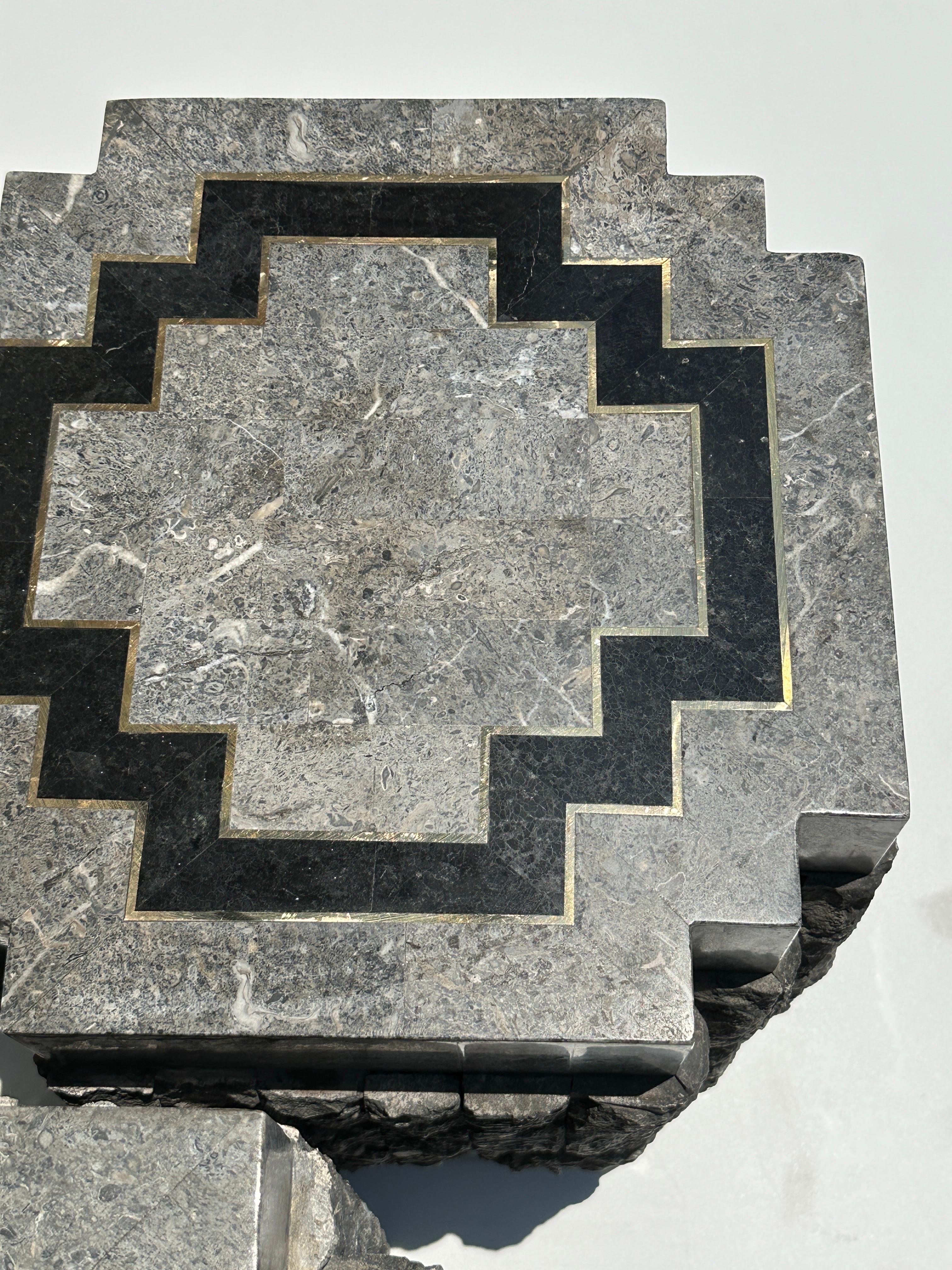 Brutalist Tessellated Stone Side Tables with Brass trim For Sale
