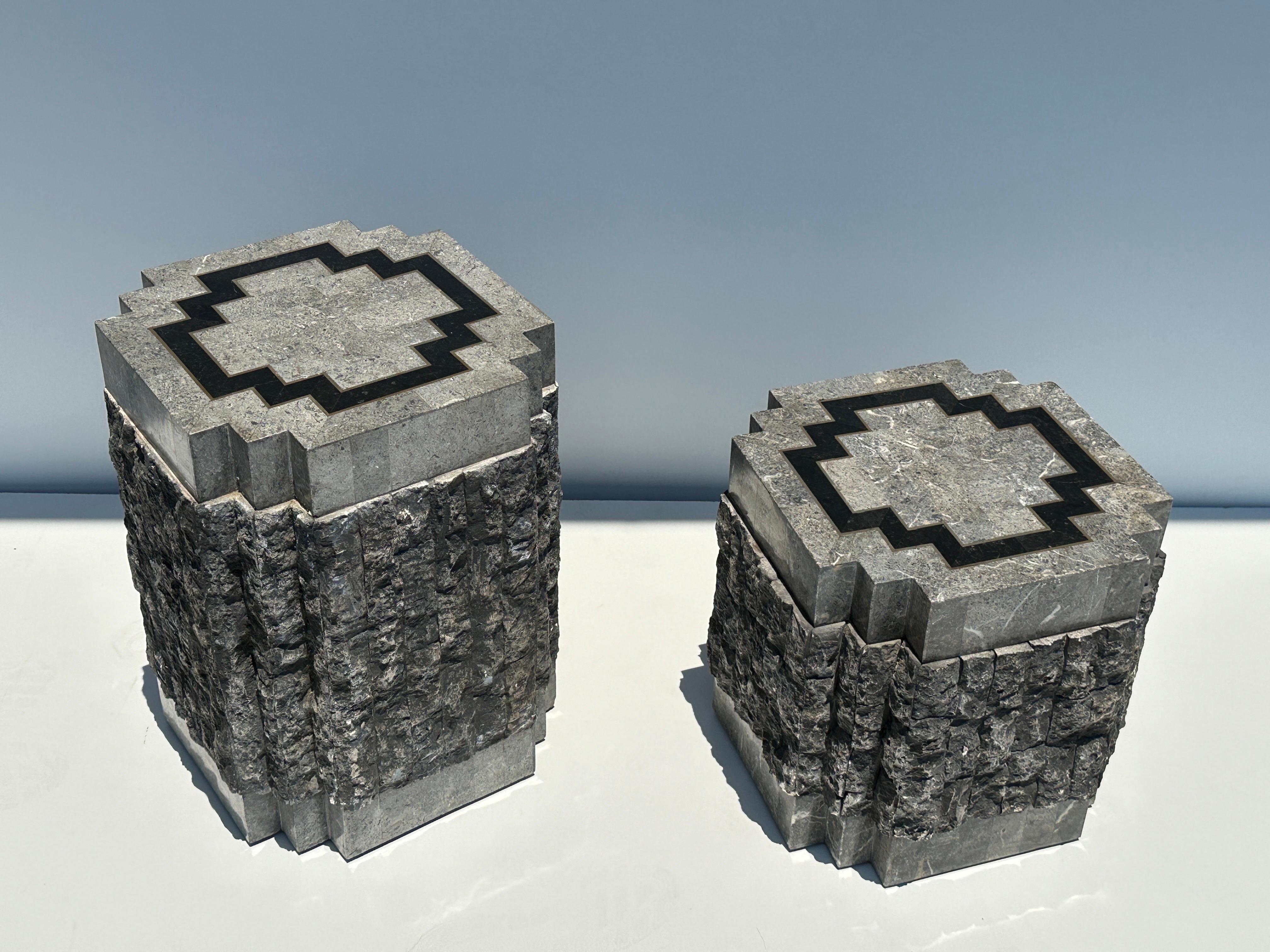 Tessellated Stone Side Tables with Brass trim For Sale 26