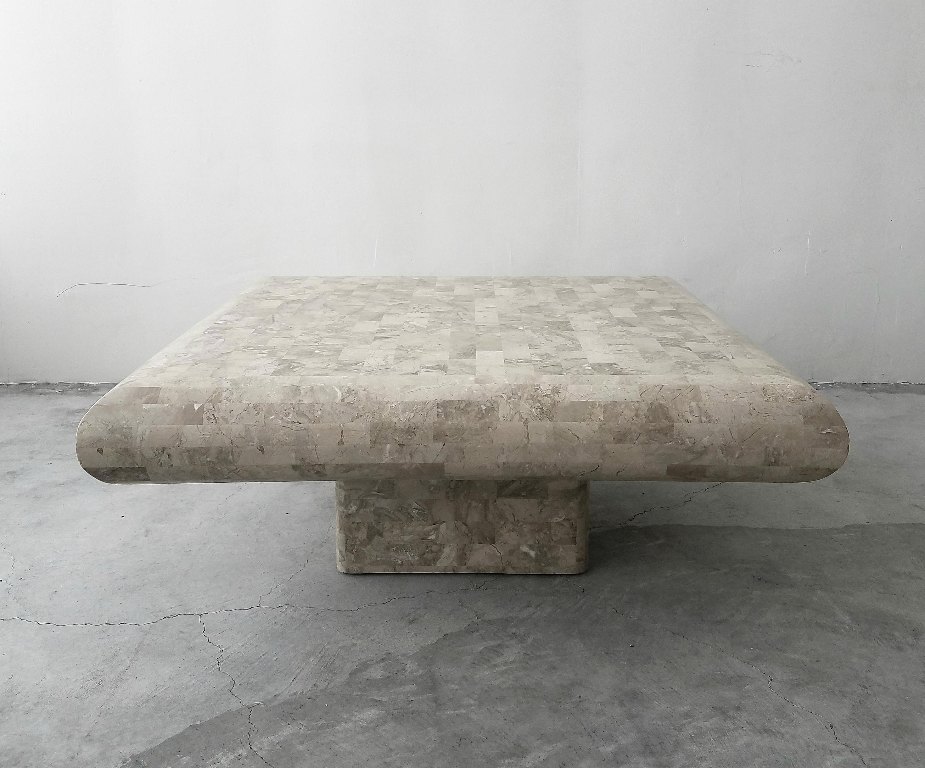 Minimalist Tessellated Stone Square Pedestal Coffee Table by Maitland Smith