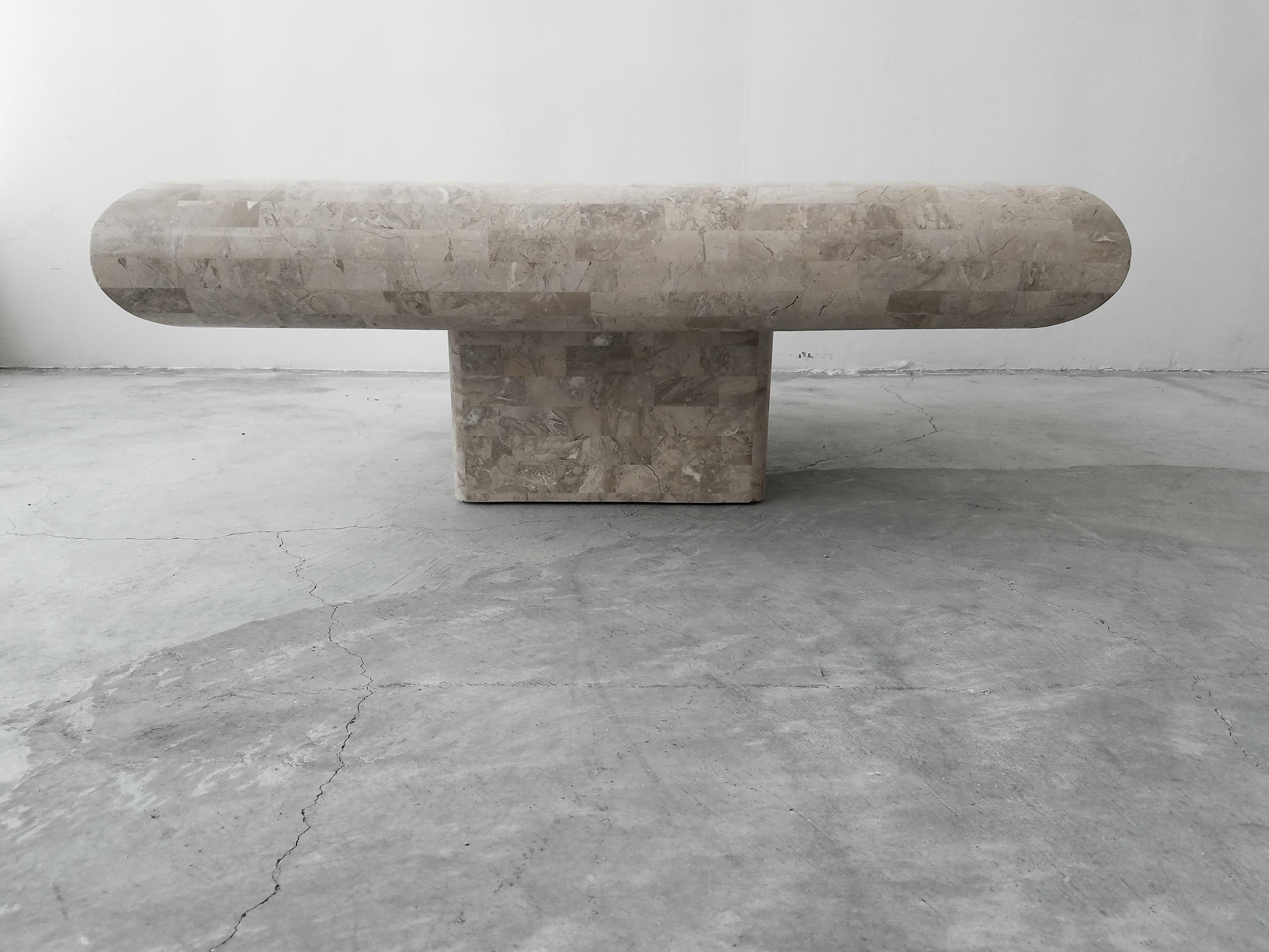 Tessellated Stone Square Pedestal Coffee Table by Maitland Smith In Good Condition In Las Vegas, NV