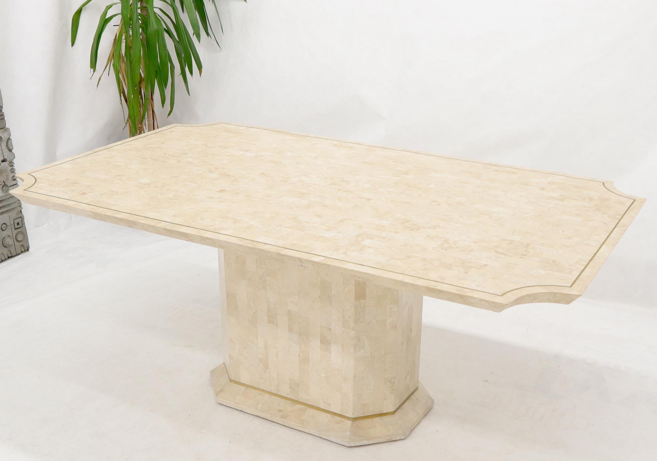 Mid-Century Modern tessellated stone tile brass inlay rectangle dining room table.