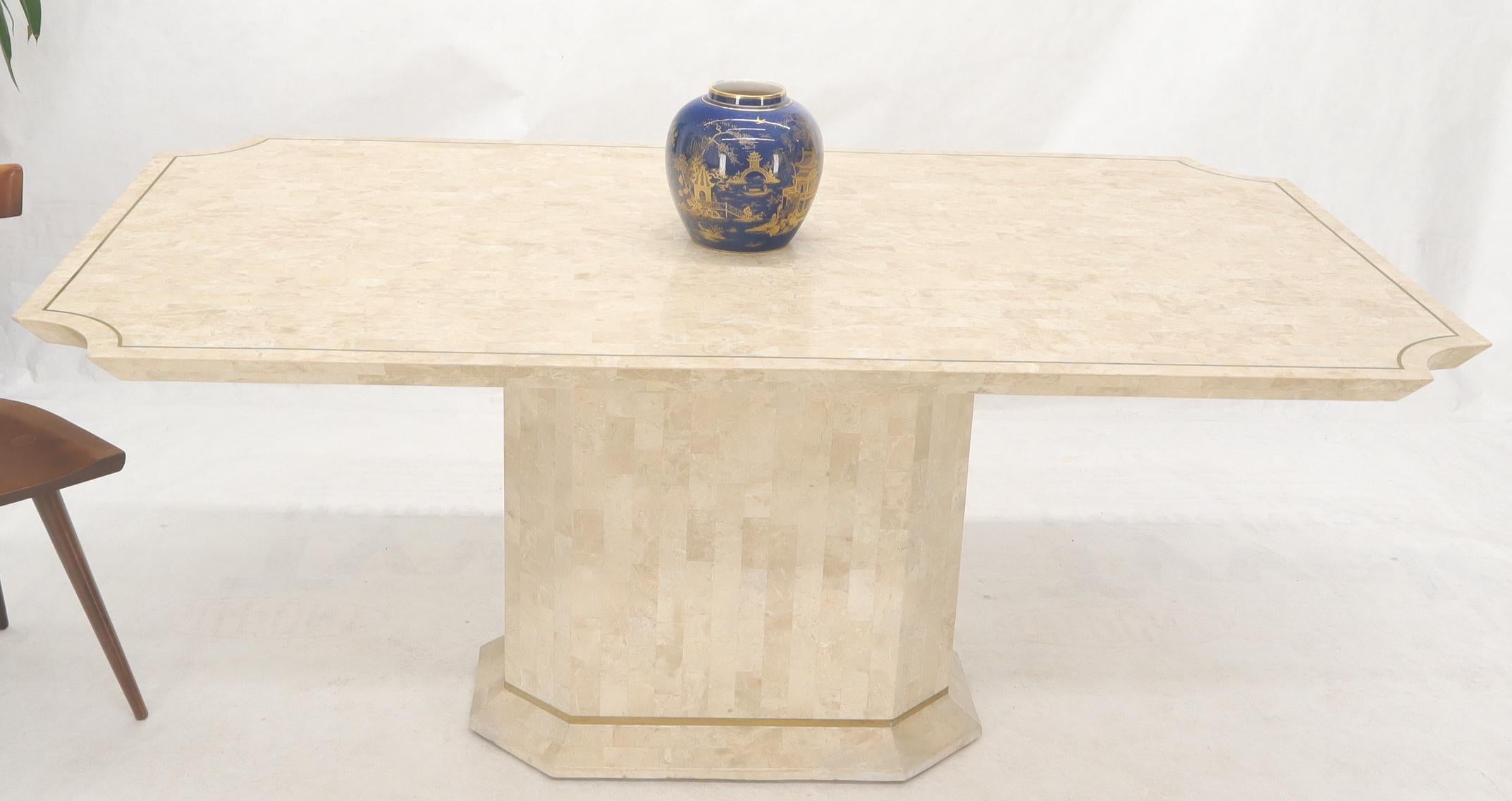Mid-Century Modern Tessellated Stone Tile Brass Inlay Single Pedestal Rectangle Dining Table