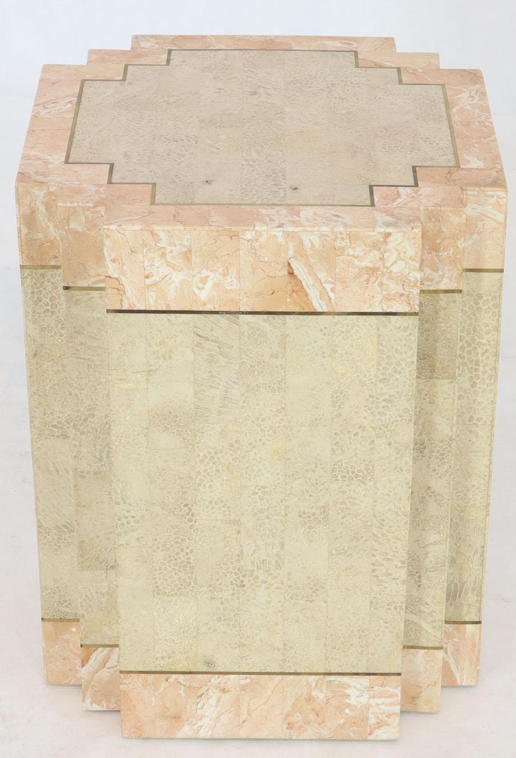 Mid-Century Modern Mainland Smith looking tessellated stone veneer square pedestal side table. light pink and beige veneers.