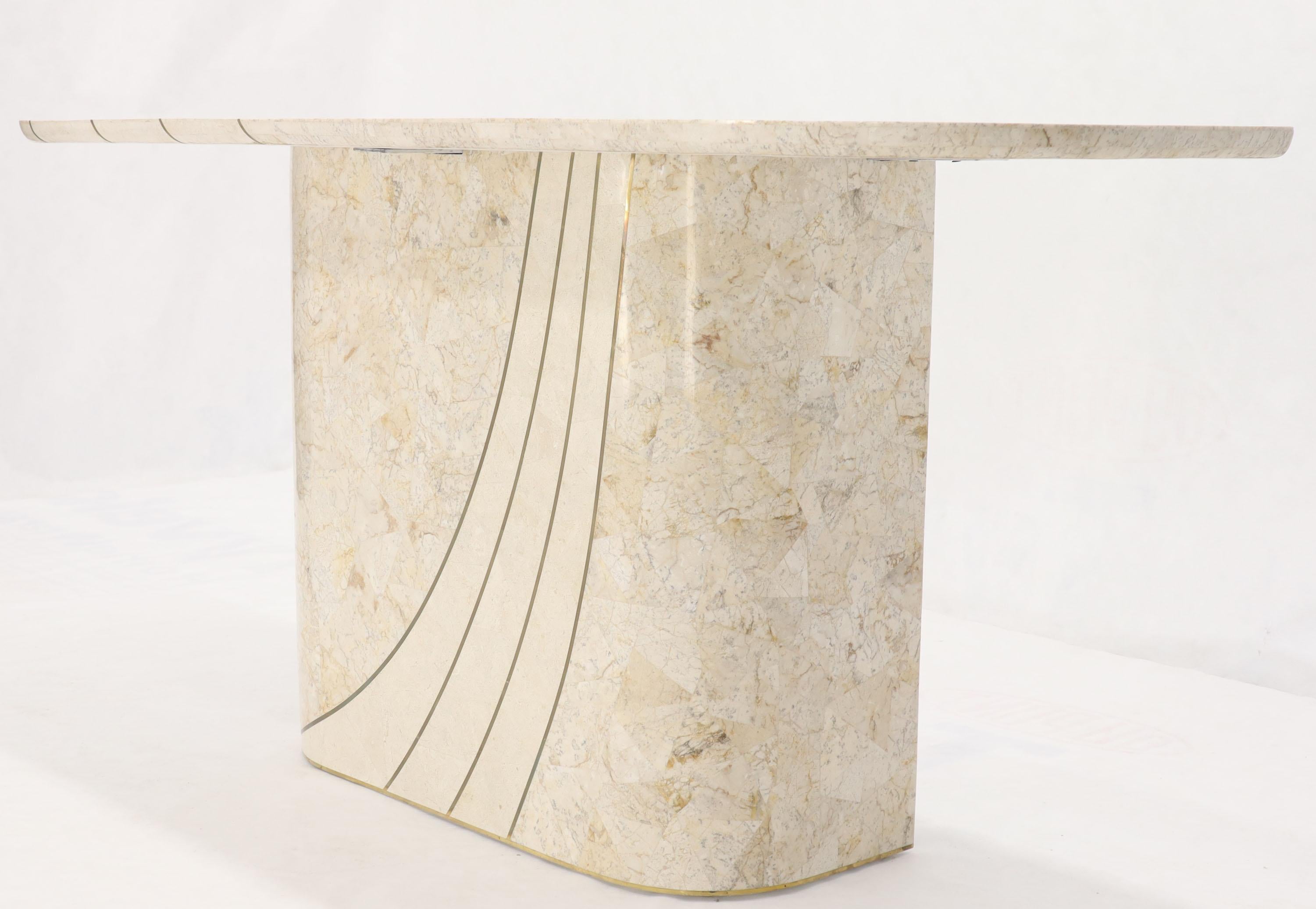 20th Century Tessellated Stone Veneer Tile Brass Inlay Pedestal Base Console Sofa Table For Sale