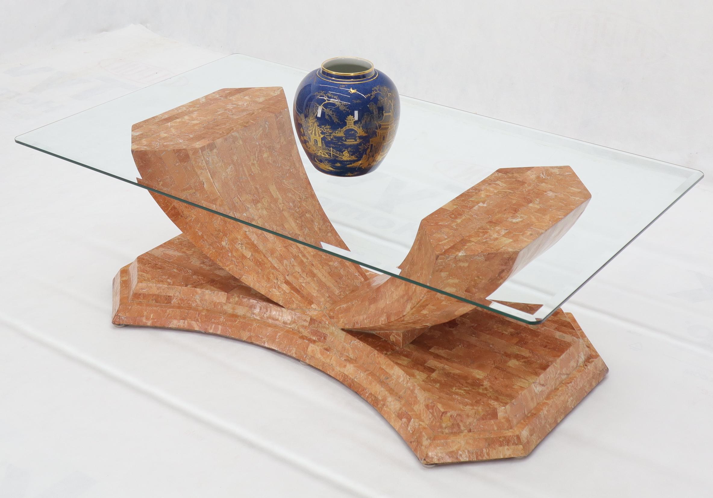 Tessellated Stone Veneer Tile Glass Top Coffee Table For Sale 4