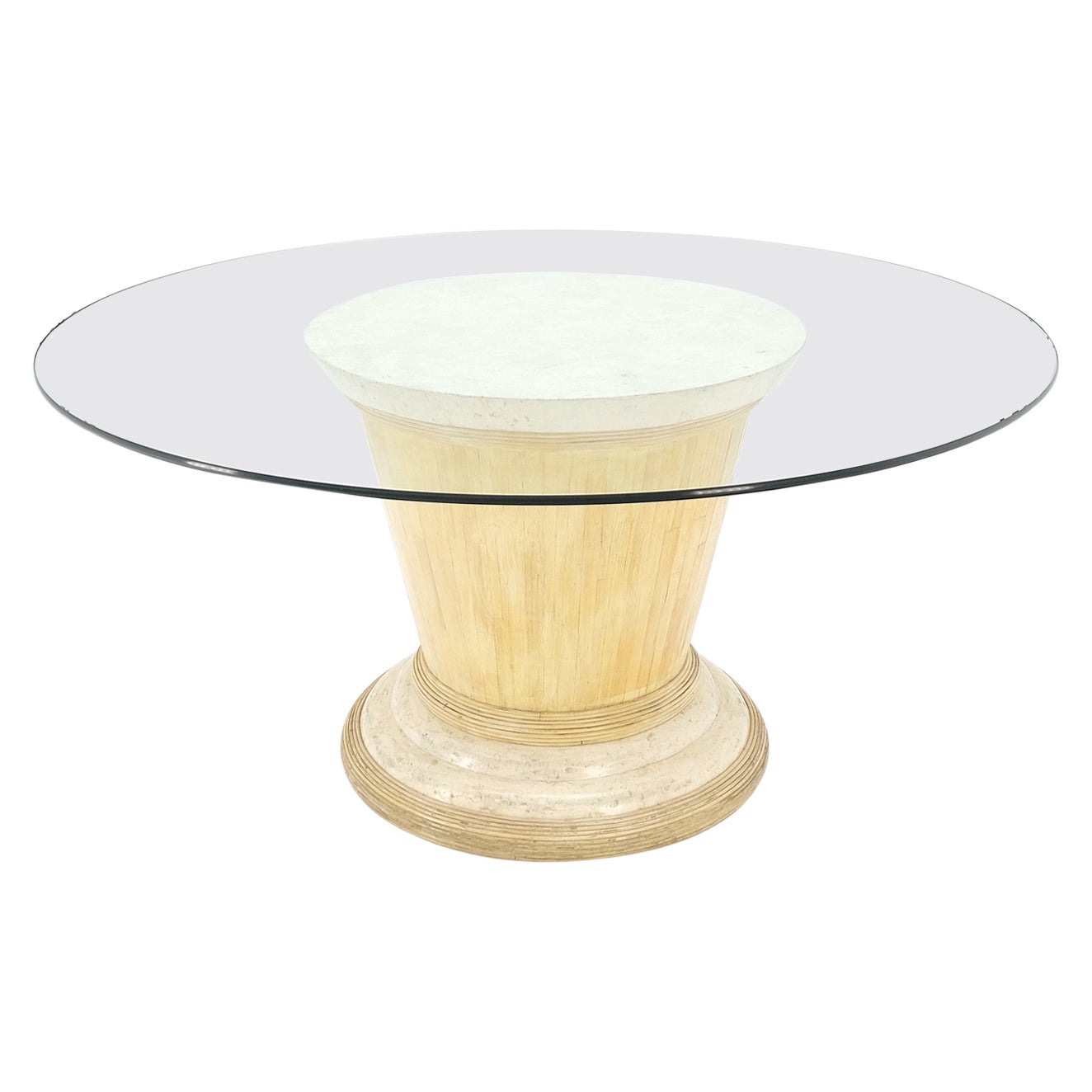 Table de salle à manger en bambou à tesselles avec un seul piédestal, plateau en verre rond de 3/4" d'épaisseur
