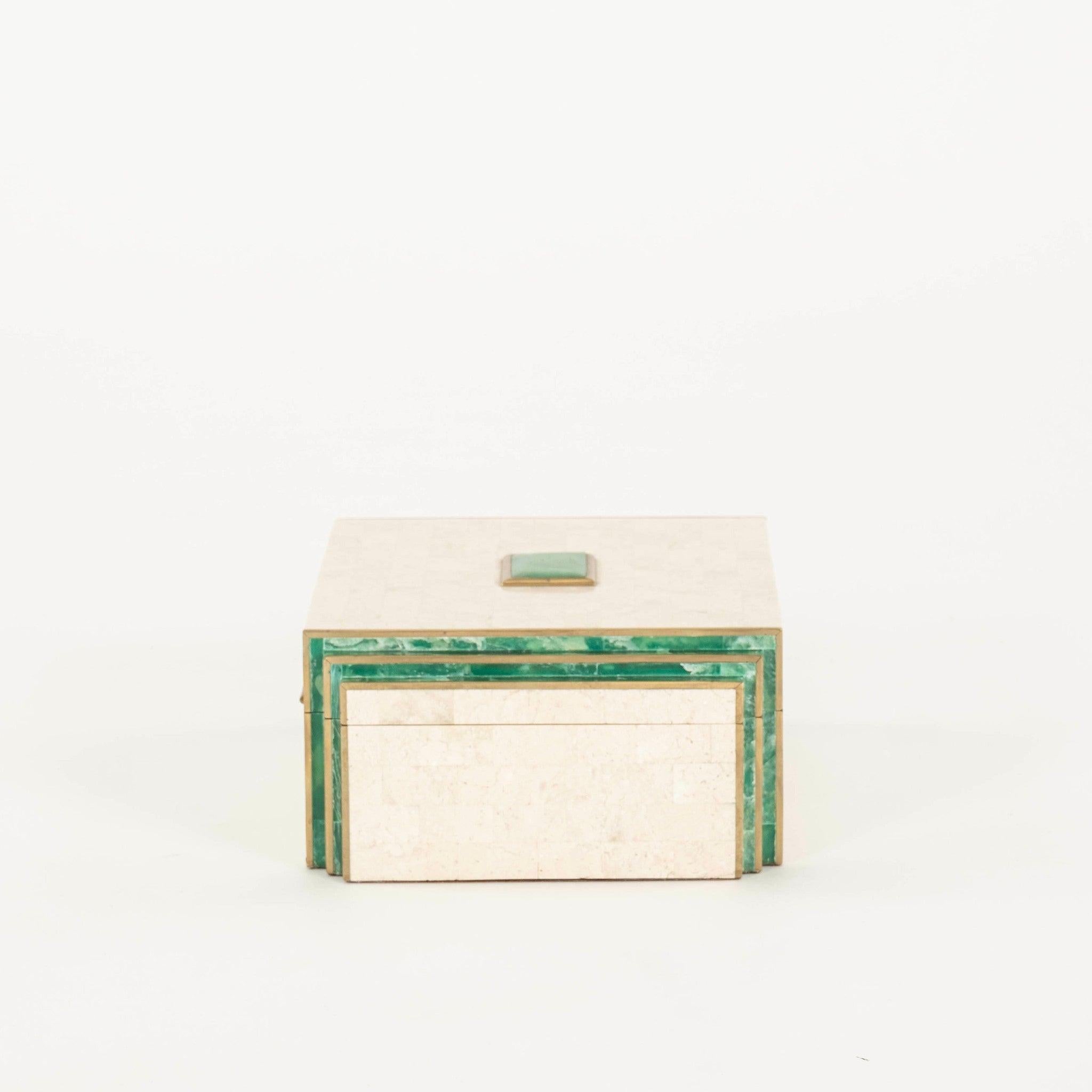 A stylized late 20th Century tessellated travertine and green agate box with brass trim, hinges and wood lined.