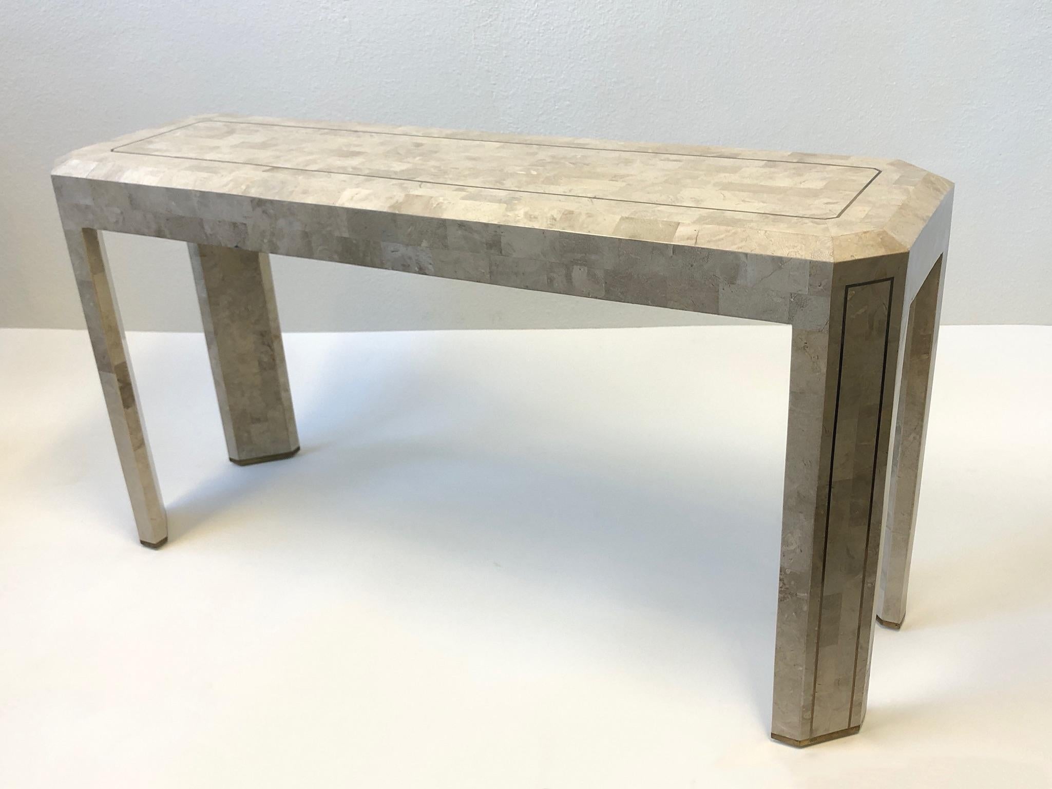 Modern Tessellated Travertine and Inlay Brass Console Table by Maitland Smith