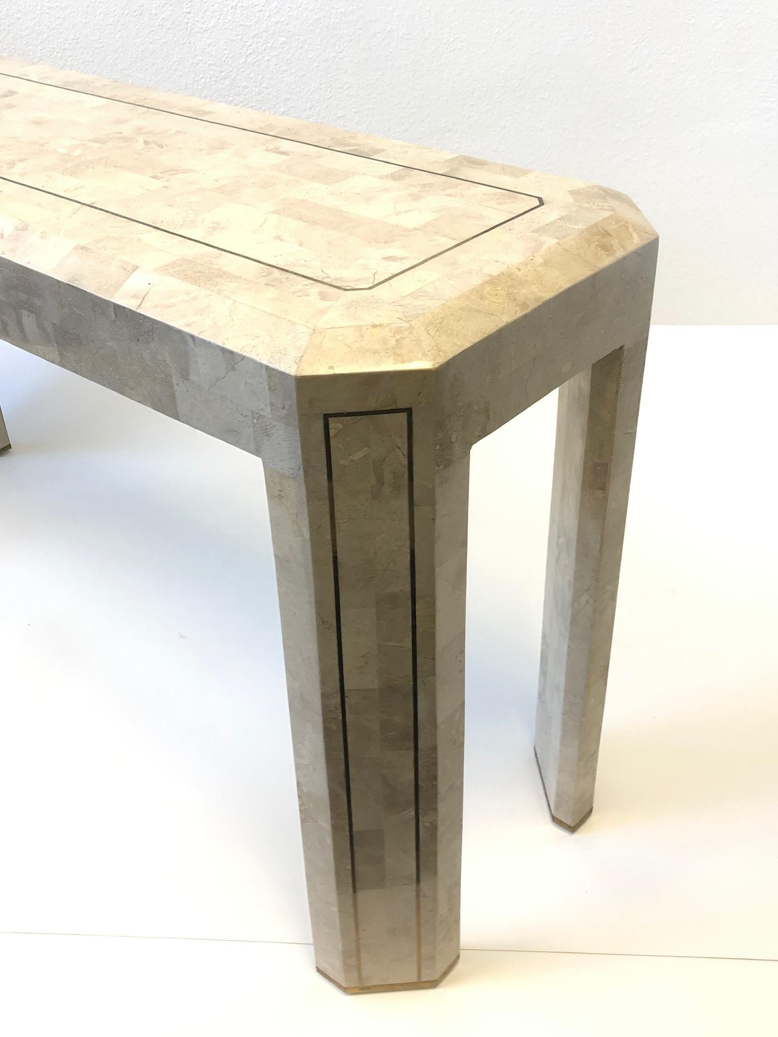 American Tessellated Travertine and Inlay Brass Console Table by Maitland Smith