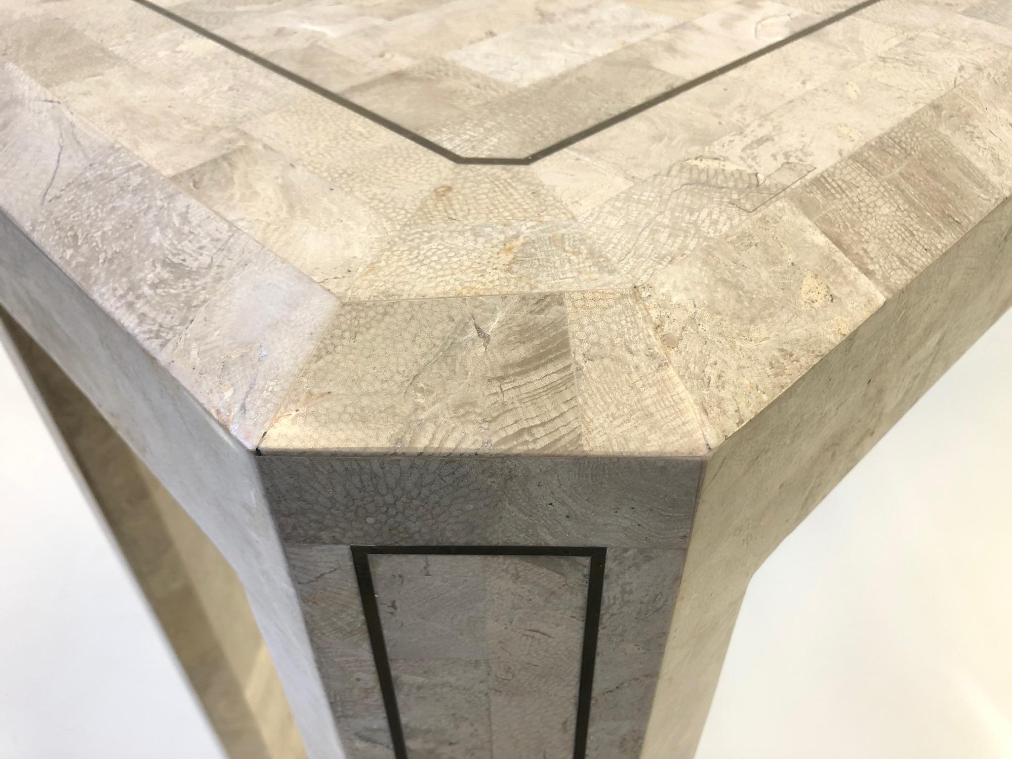 Tessellated Travertine and Inlay Brass Console Table by Maitland Smith In Good Condition In Palm Springs, CA