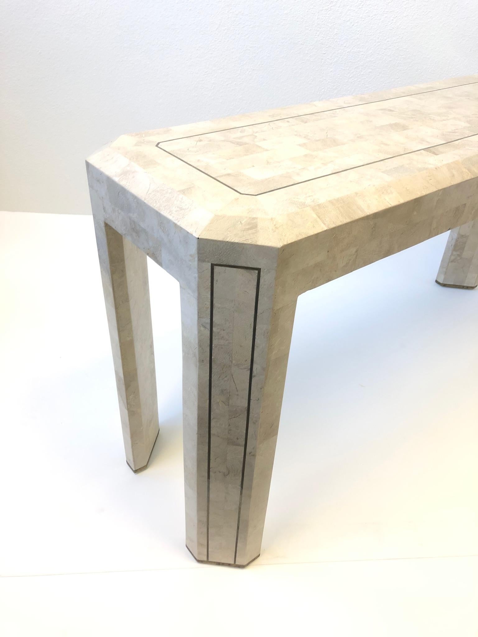 Late 20th Century Tessellated Travertine and Inlay Brass Console Table by Maitland Smith