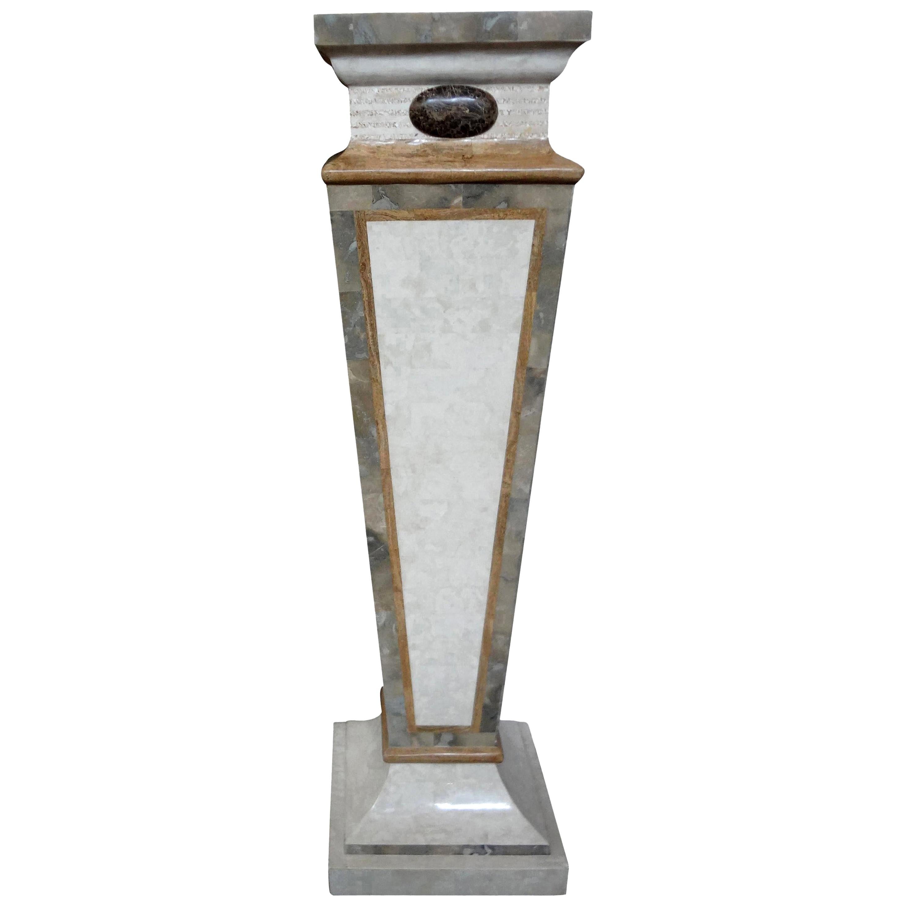 Tessellated Travertine and Marble Geometric Pedestal Maitland-Smith Style