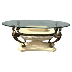 1980s Maitland Smith Tessellated Travertine Stone Figurative Iron Coffee Table