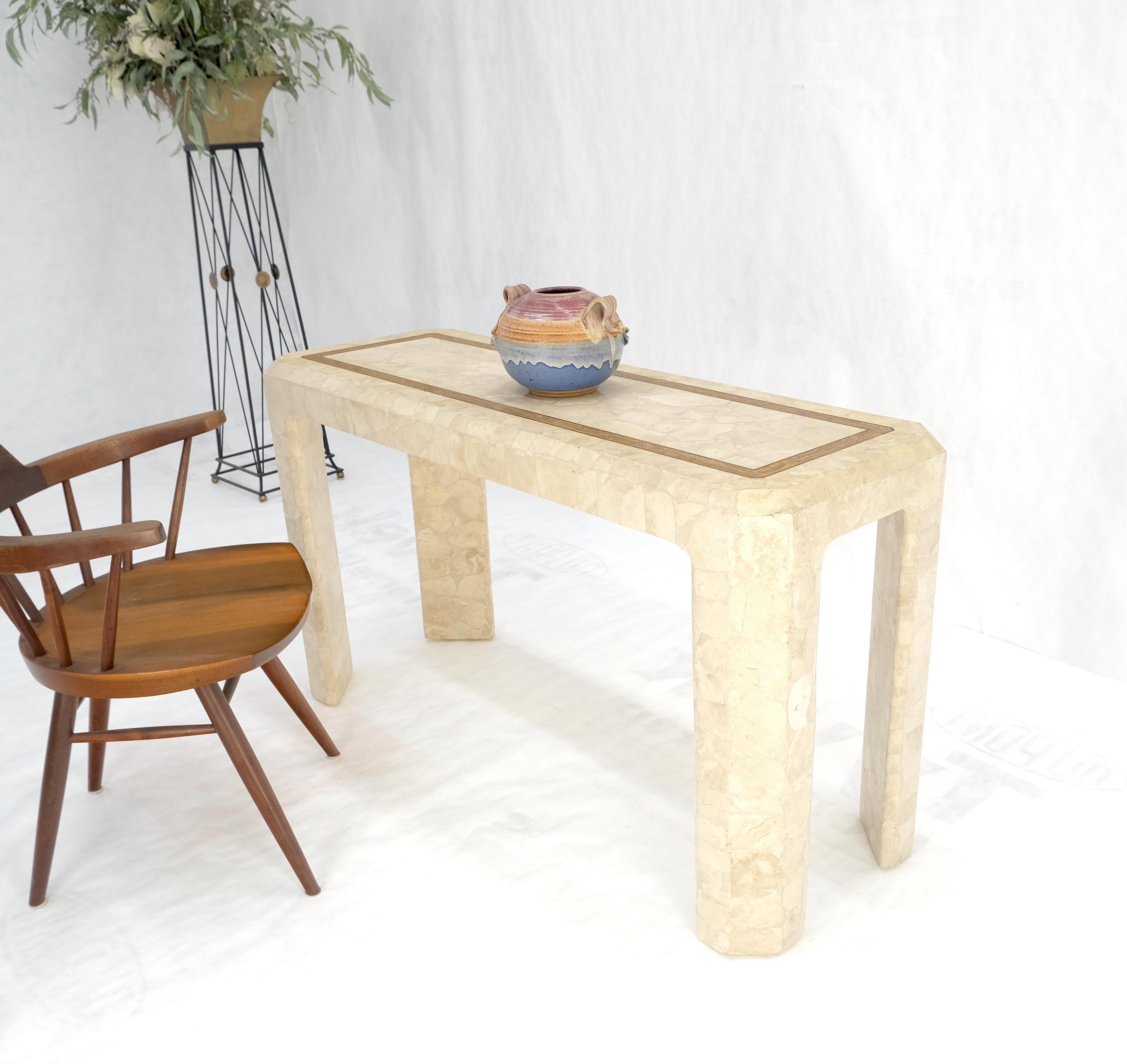 Brass Tessellated Travertine Inlayed Top Console Sofa Table Mid Century Modern MINT! For Sale