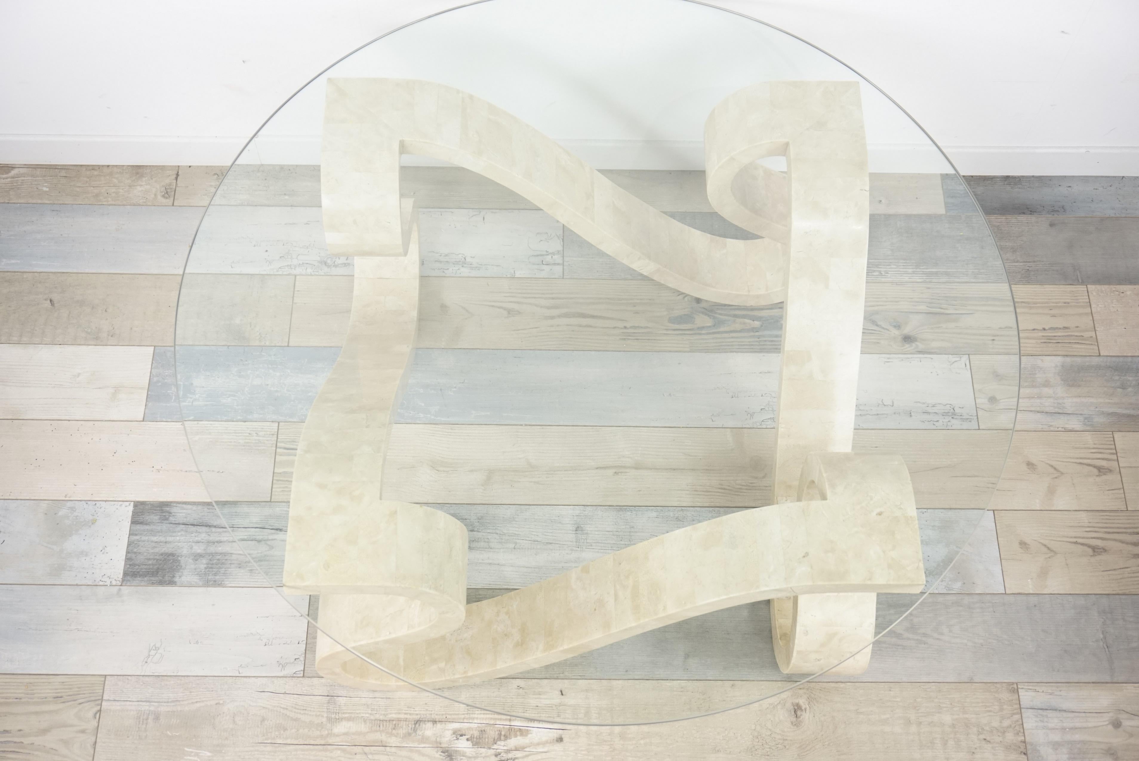 Tessellated Travertine Marquetry and Round Glass Tray Coffee Table 4