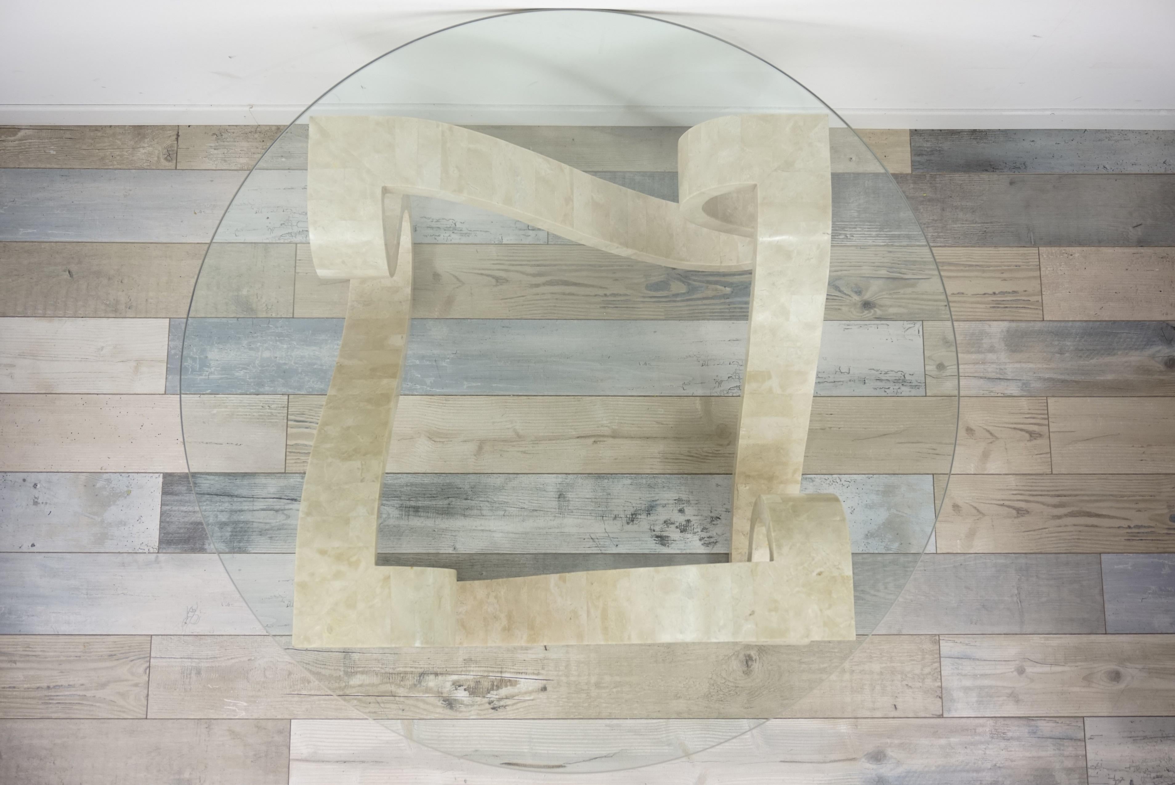 Tessellated Travertine Marquetry and Round Glass Tray Coffee Table 6
